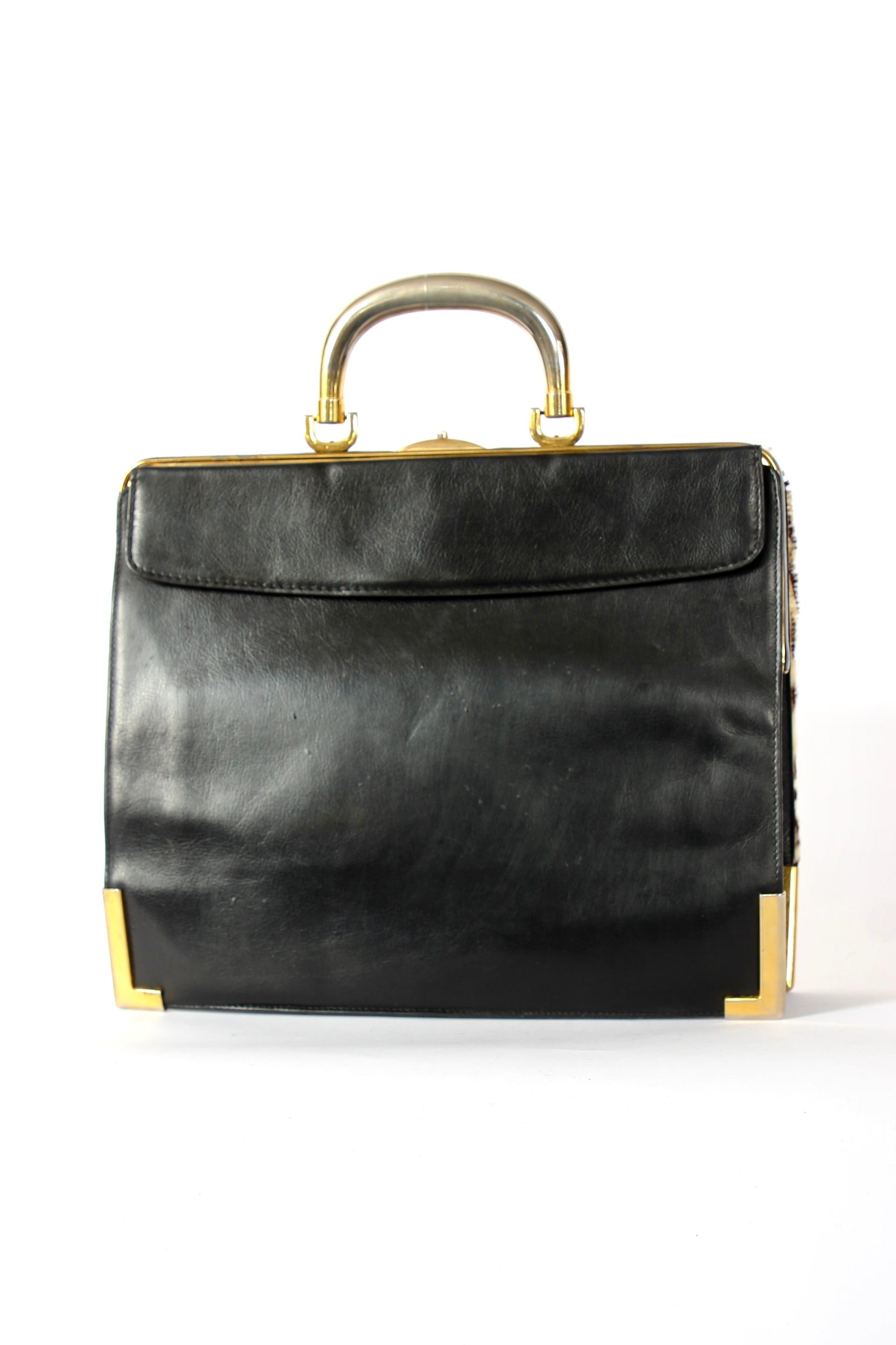 1960s Vintage Bon Goût Black Leather Top Handle Bag with Zebra Pattern Fur