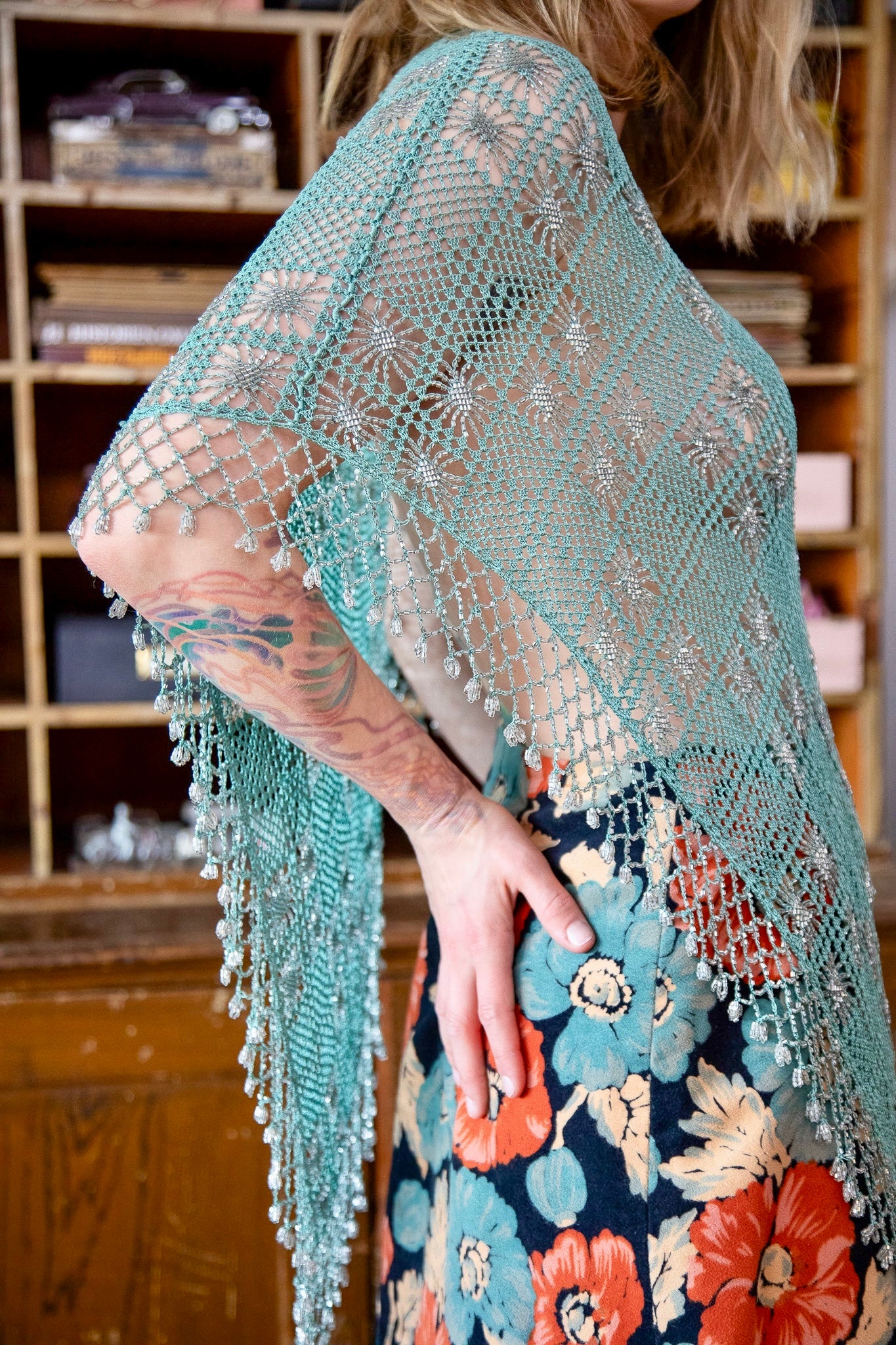 Vintage Turquoise Beaded Crochet Poncho