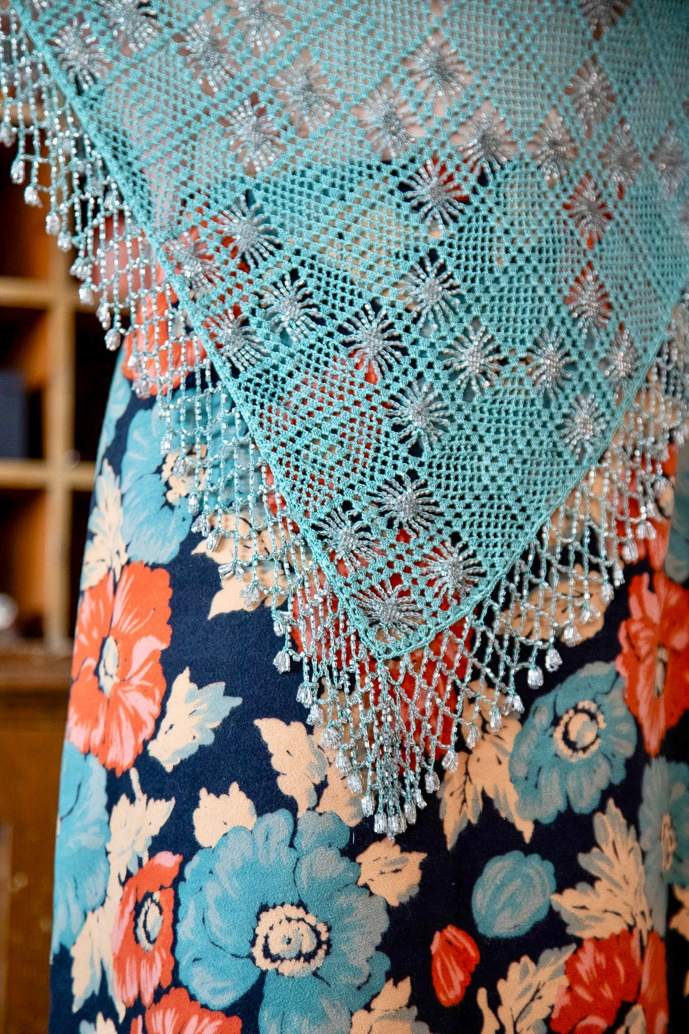 Vintage Turquoise Beaded Crochet Poncho