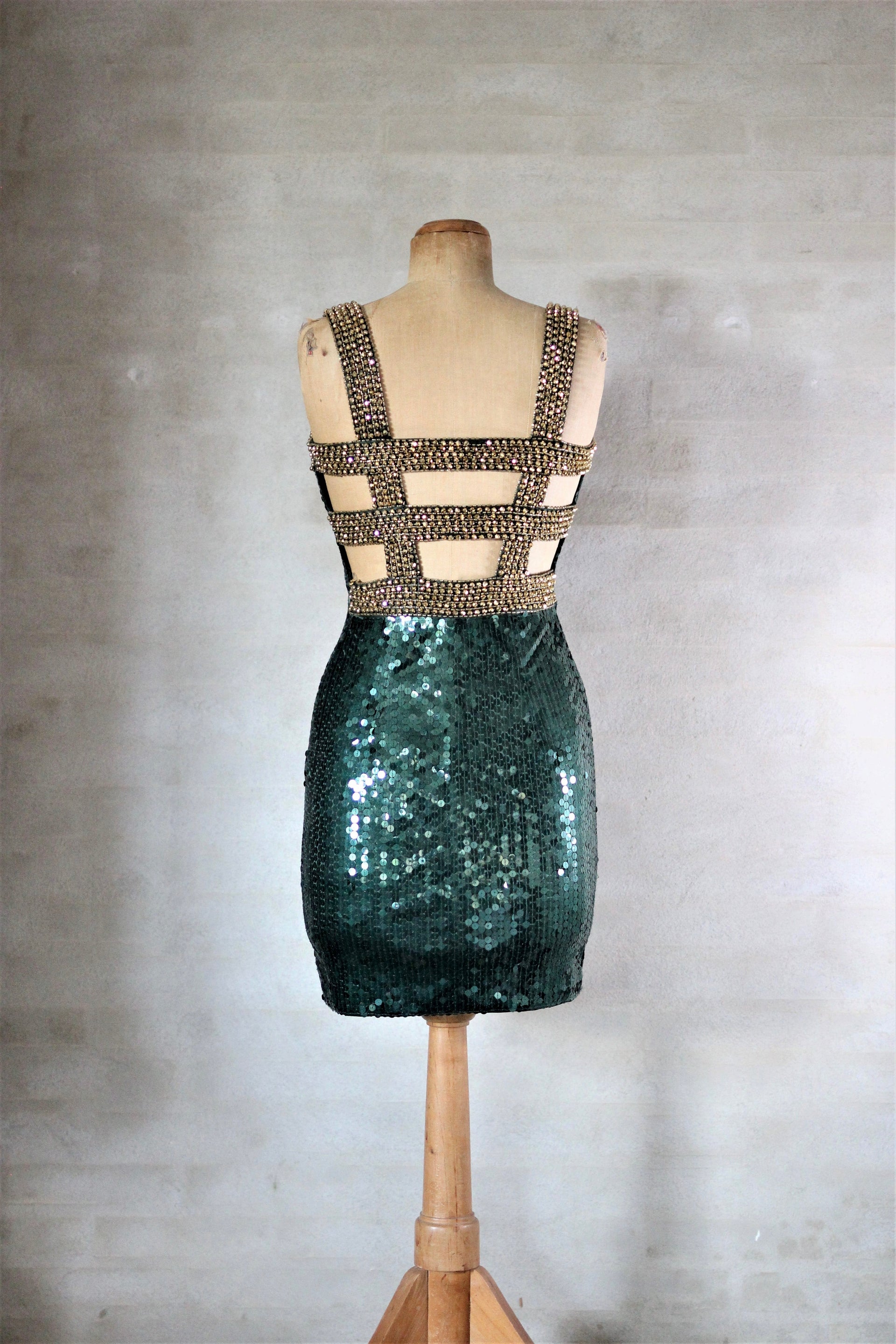 1980s Vintage Dark Green Sequin Dress//Size S