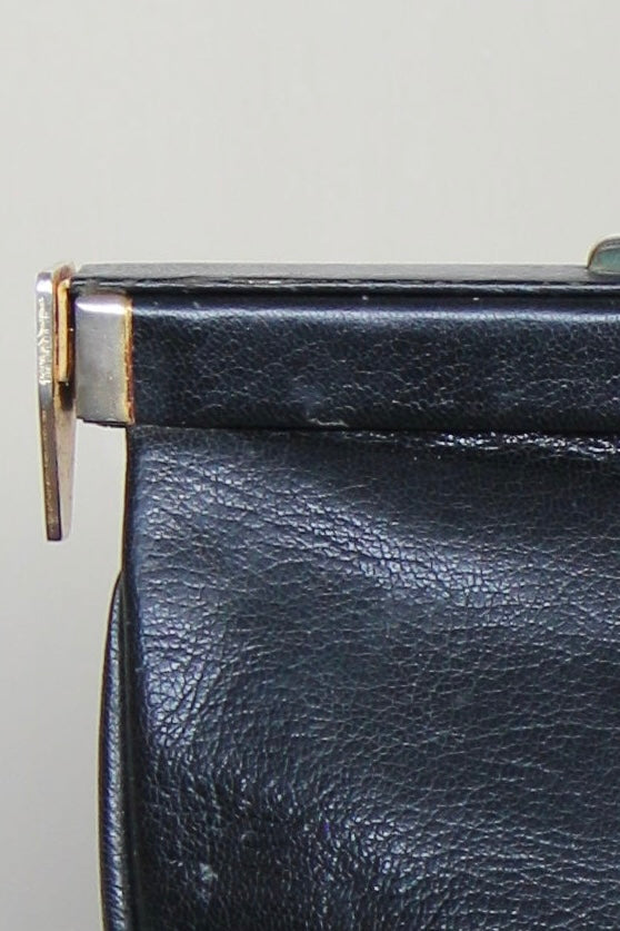 B141 1960s Vintage Black Leather Top Handle Bag with Red Linen