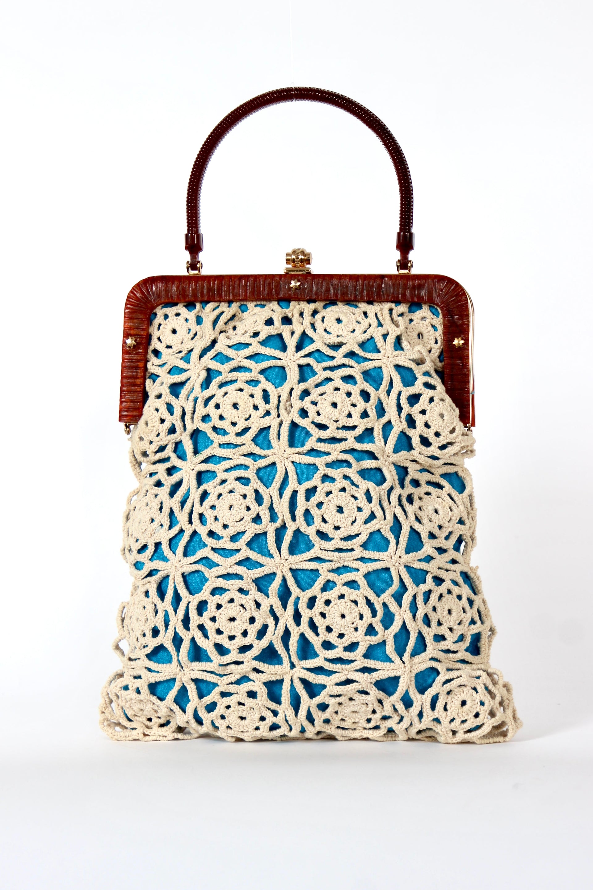 1960s Vintage Handmade Crochet Bag with Plastic Handle and Frame
