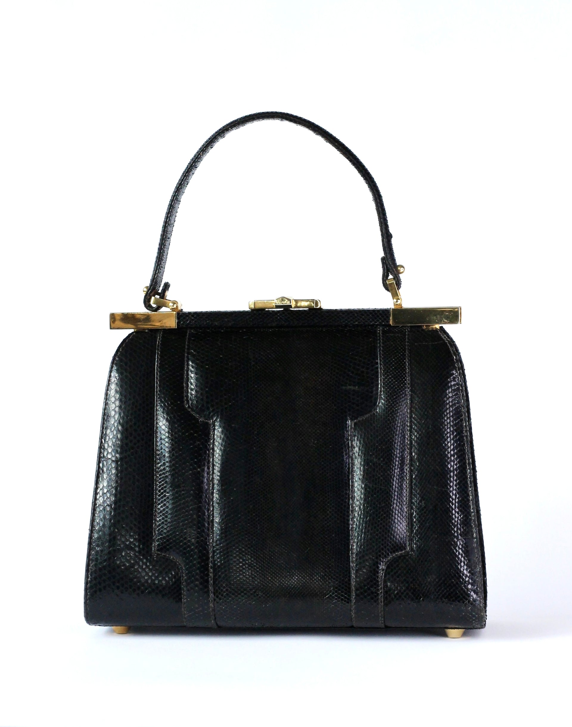 1950s Vintage Black Leather Top Handle Bag