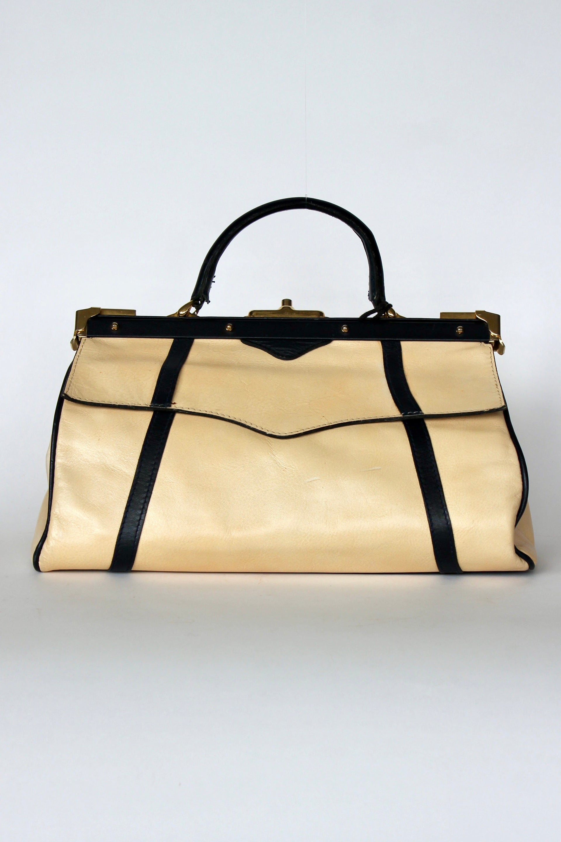 1950S 1960s Beige/Ivory Leather Top Handle Bag // Midwife Style Bag