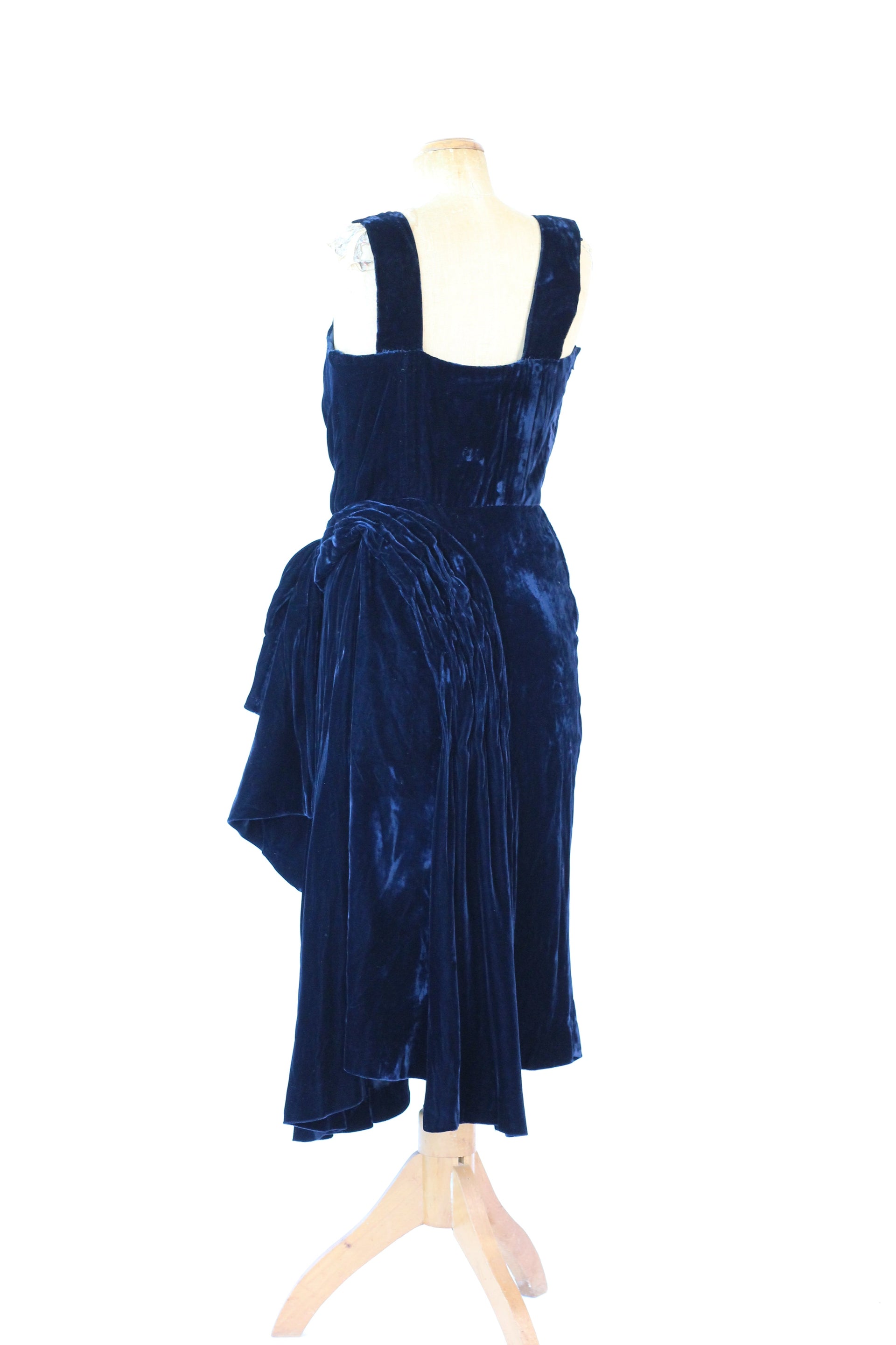 1950s Dark Blue Velvet Silk Dress//Size M