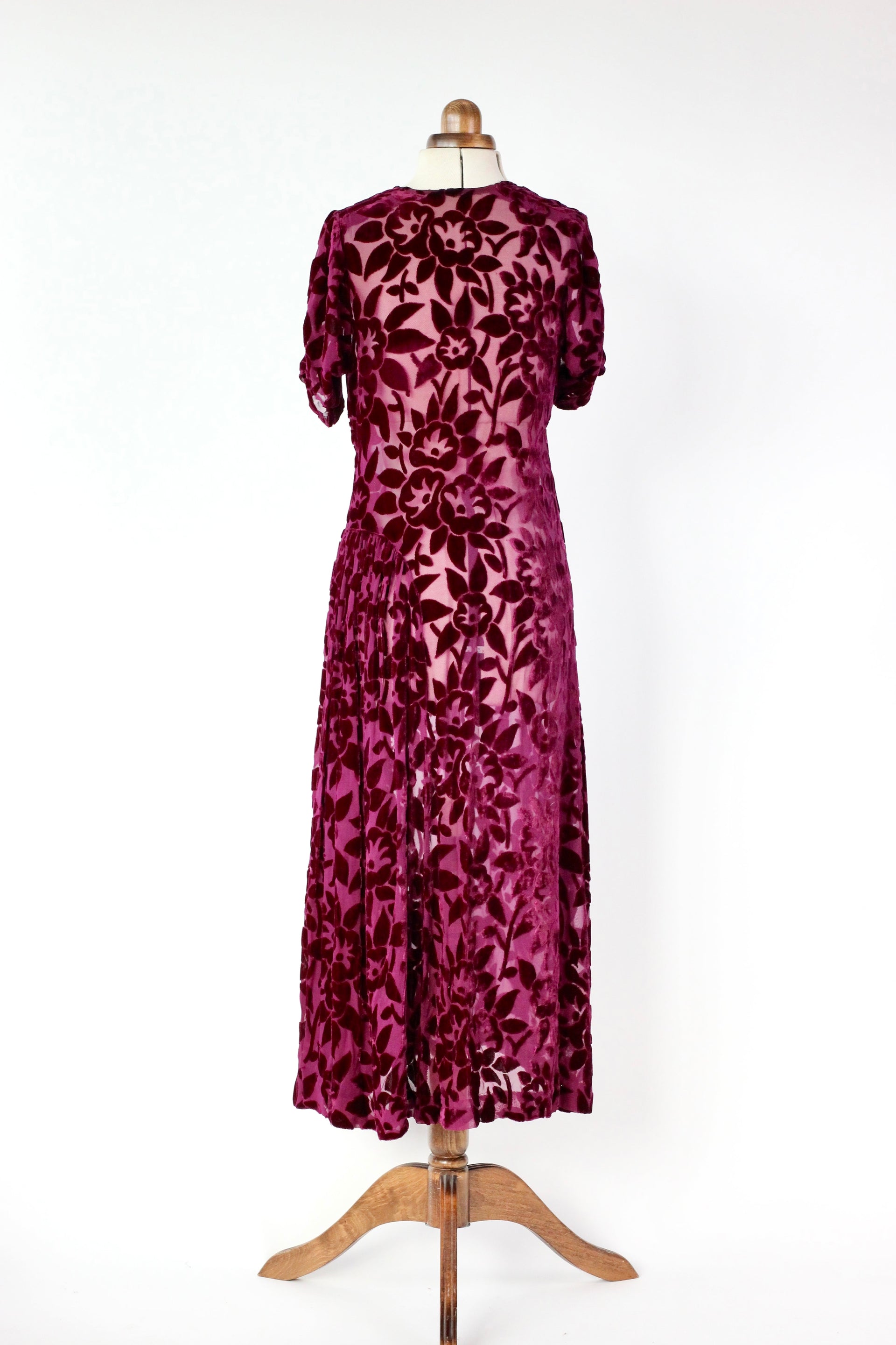 1930s 1940s Vintage Dark Purple Chiffon Dress with Velvet Flowers // Size S/M