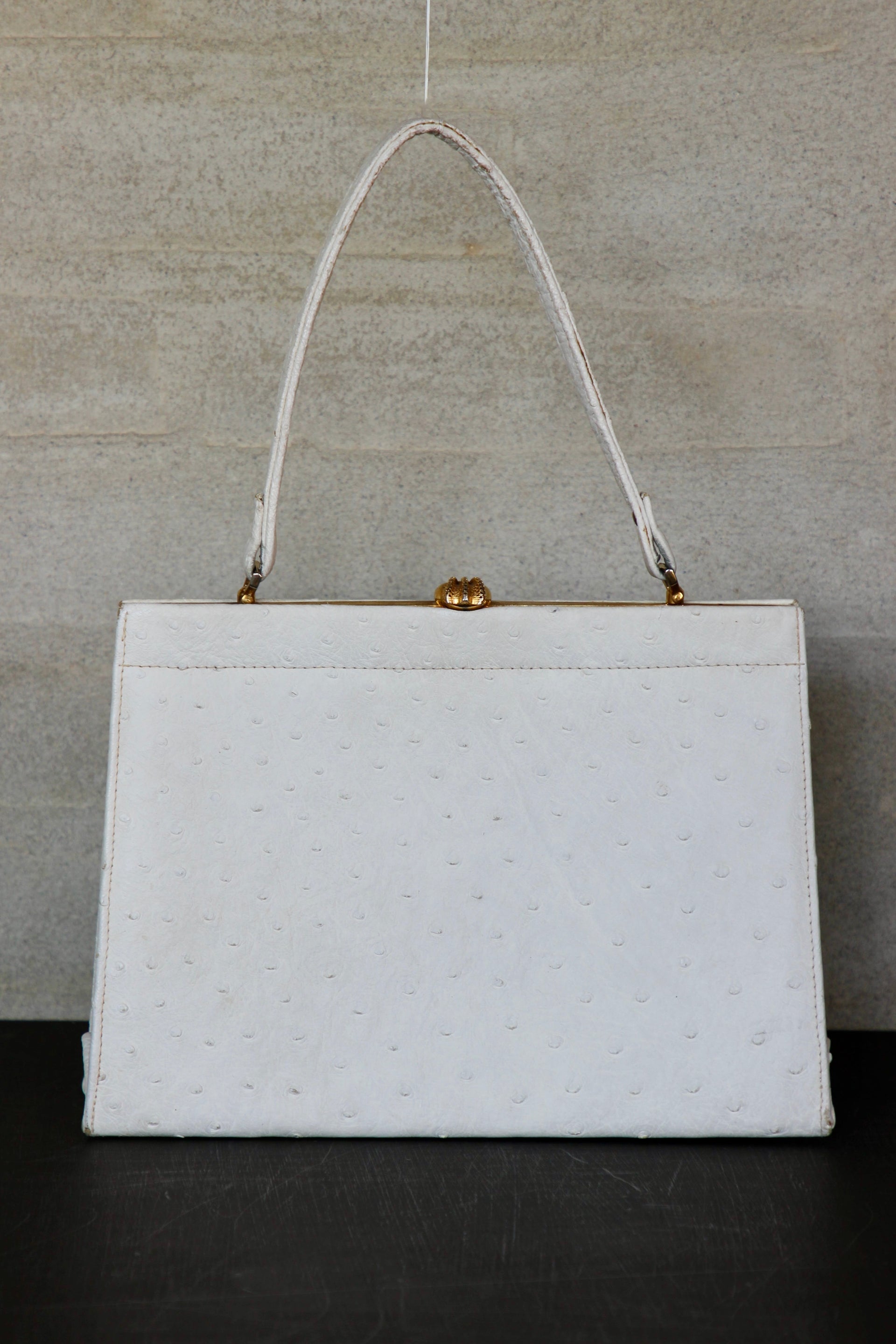 1960s Vintage White Ostrich Leather Top Handle Bag/Purse