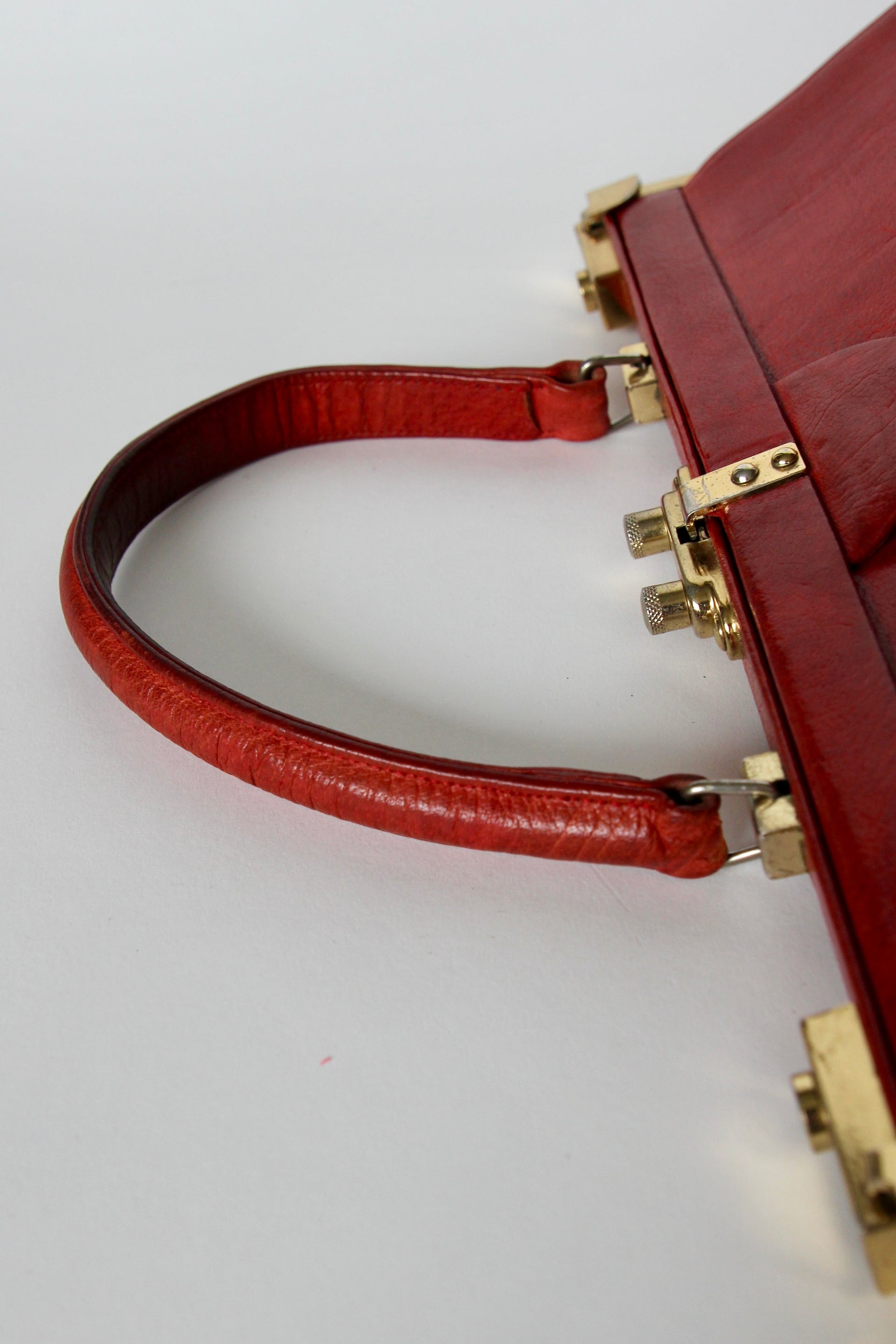 1960s Vintage Large Red Leather Top Handle Bag / Made in France