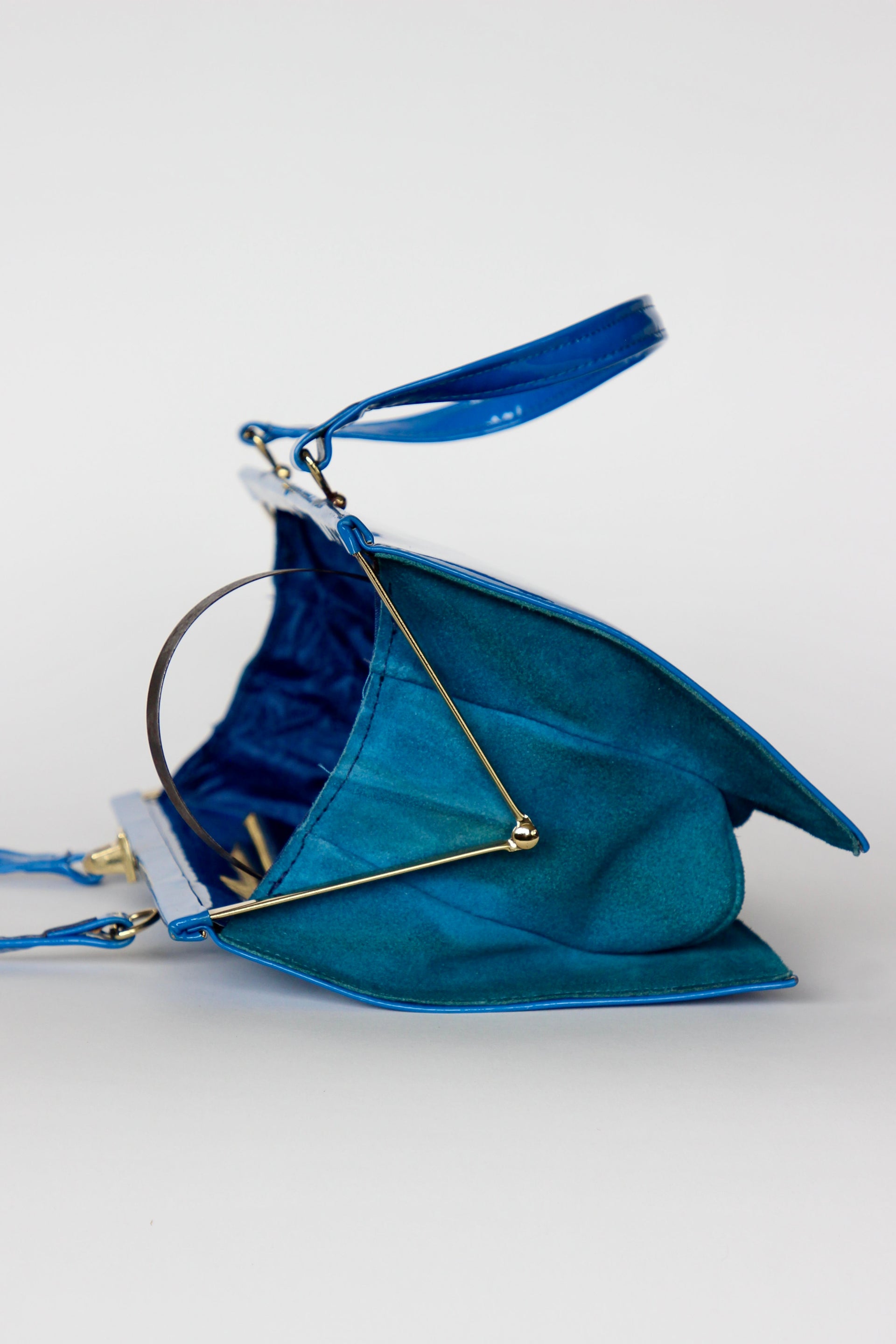 1960s 1970s Vintage Blue Suede and Patent Vinyl Purse Top Handle Bag/Purse