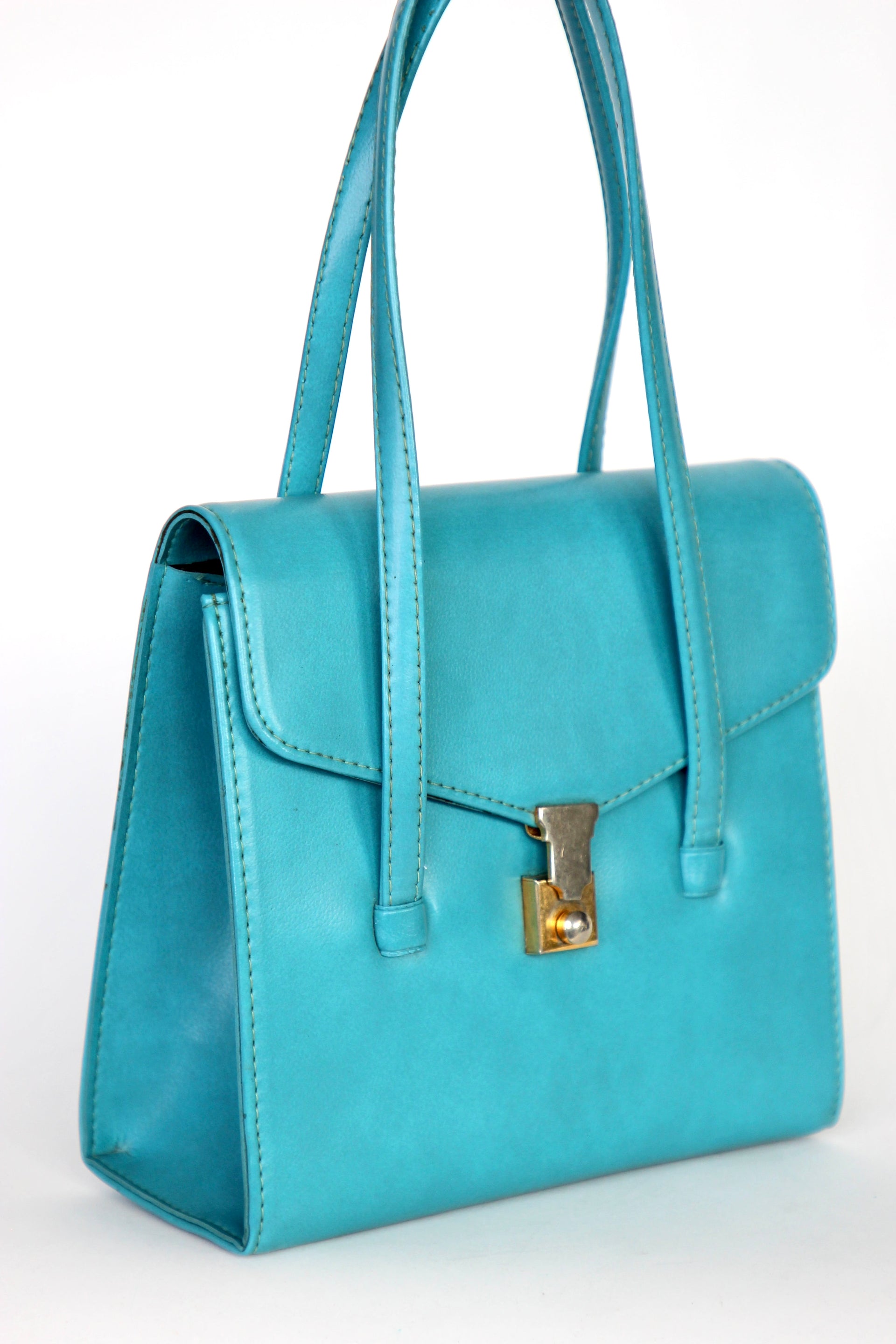 1970s Vintage Blue Vinyl Purse / Top Handle Bag