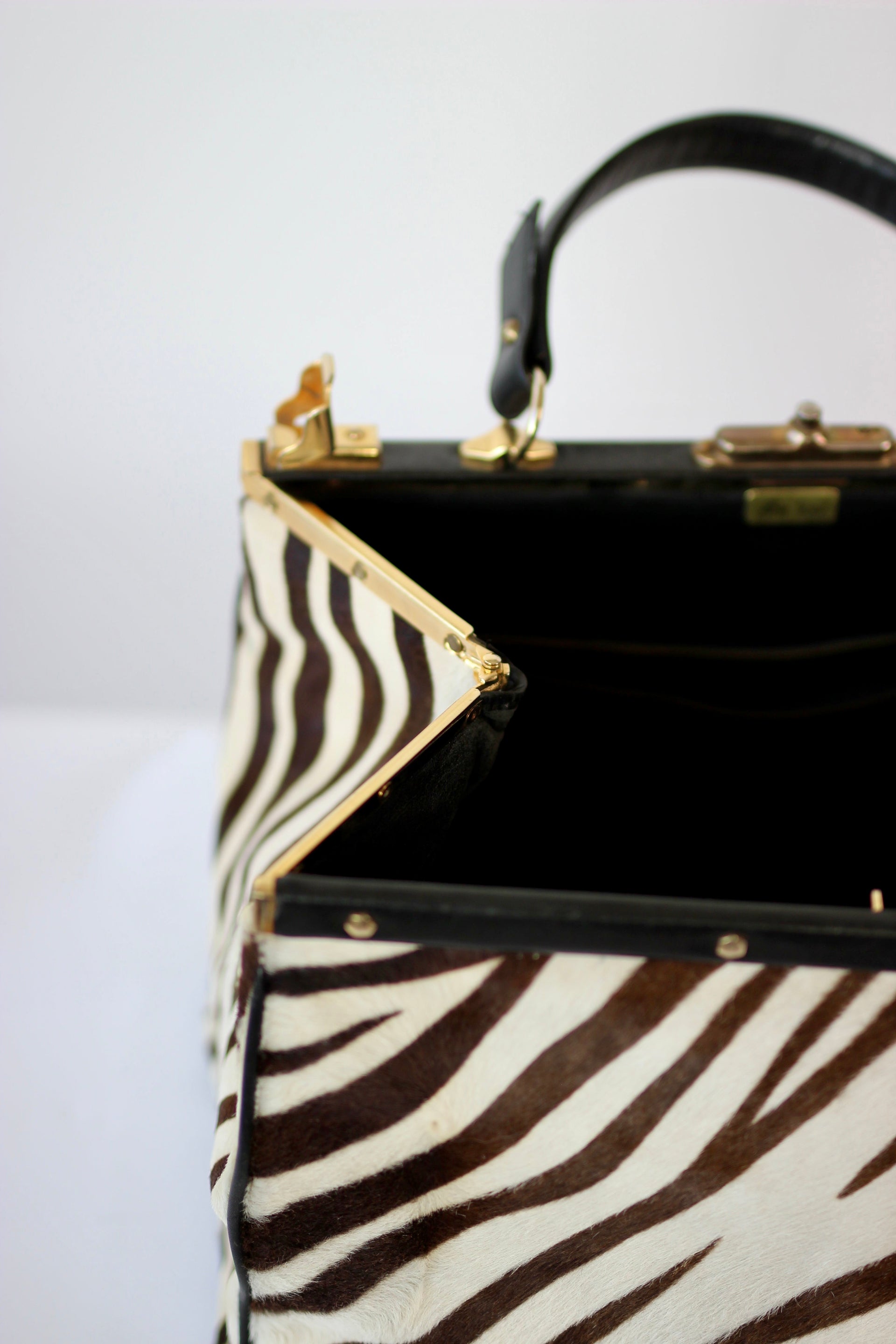 1950S 1960s Black Leather Top Handle Bag with Zebra Pattern Fur//Danish Design