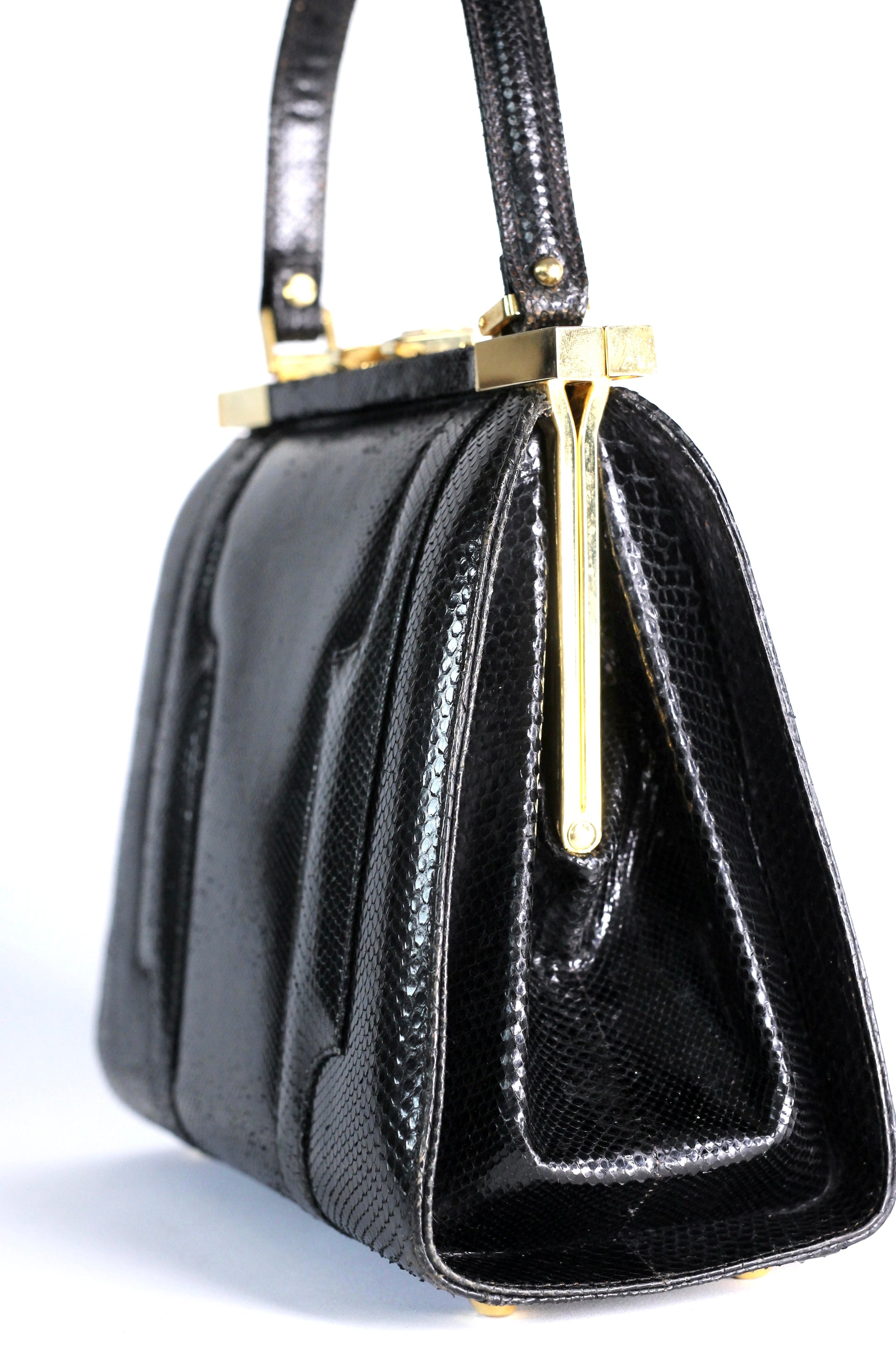 1950s Vintage Black Leather Top Handle Bag