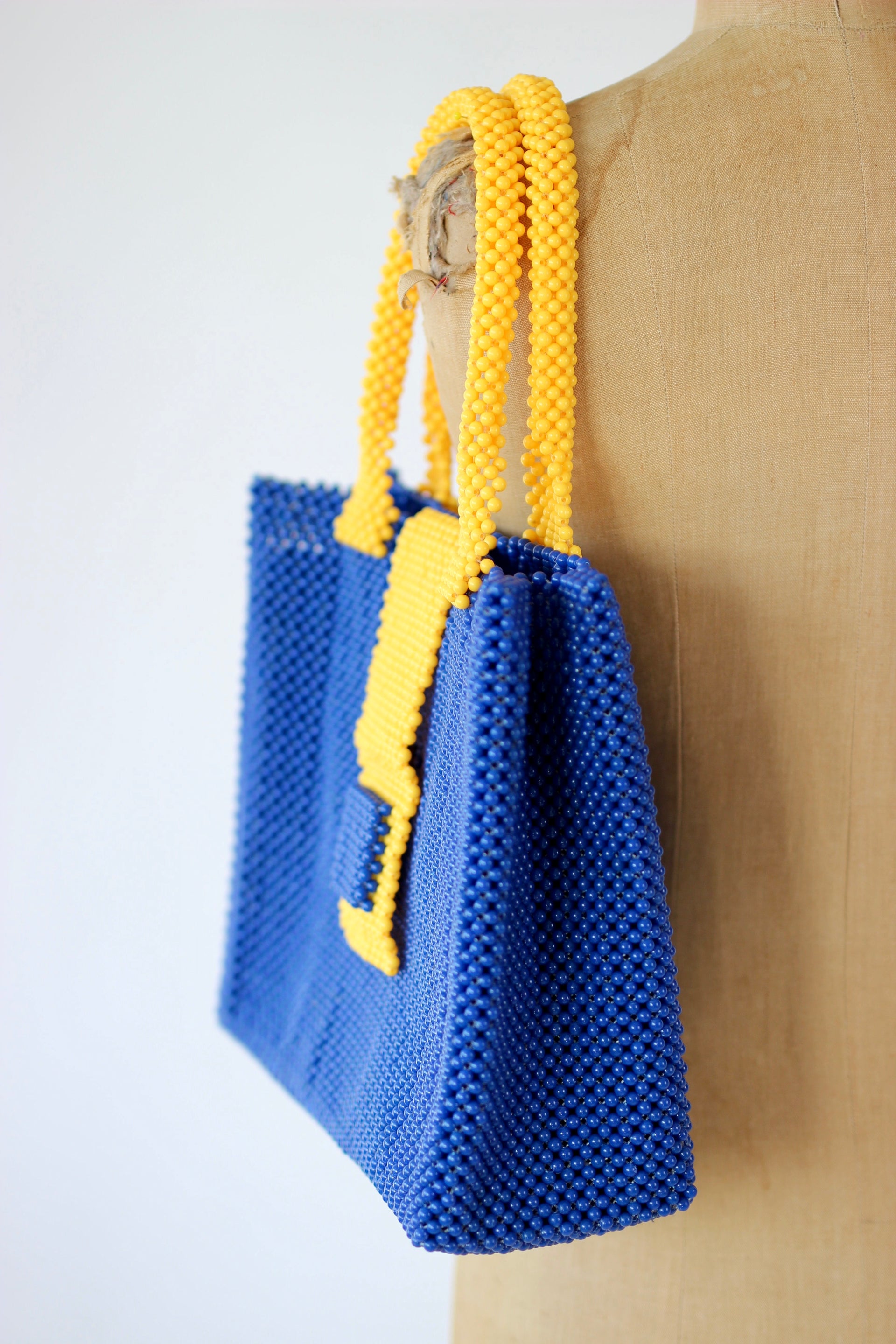 Vintage Beaded Handbag in Blue and Yellow Plastic Beads