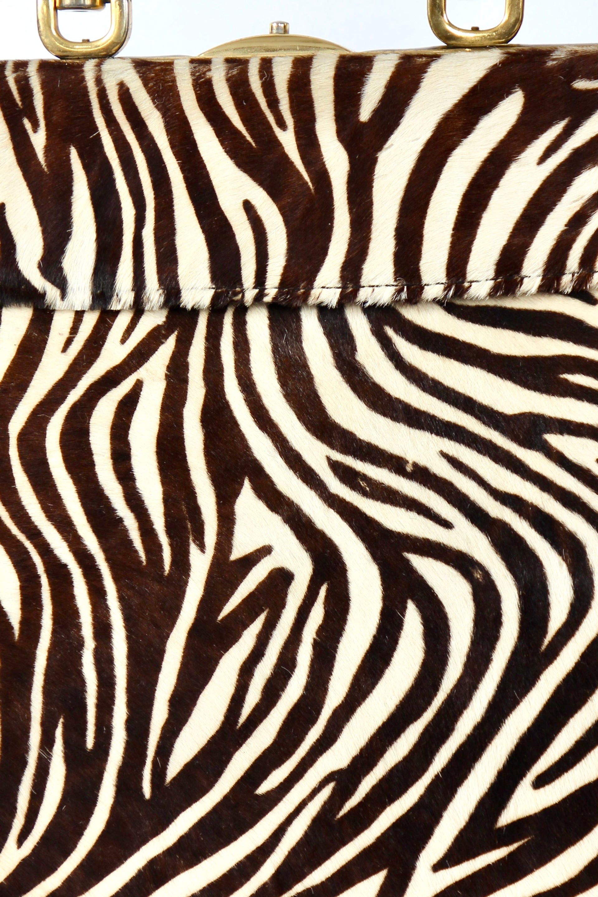 1960s Vintage Bon Goût Black Leather Top Handle Bag with Zebra Pattern Fur