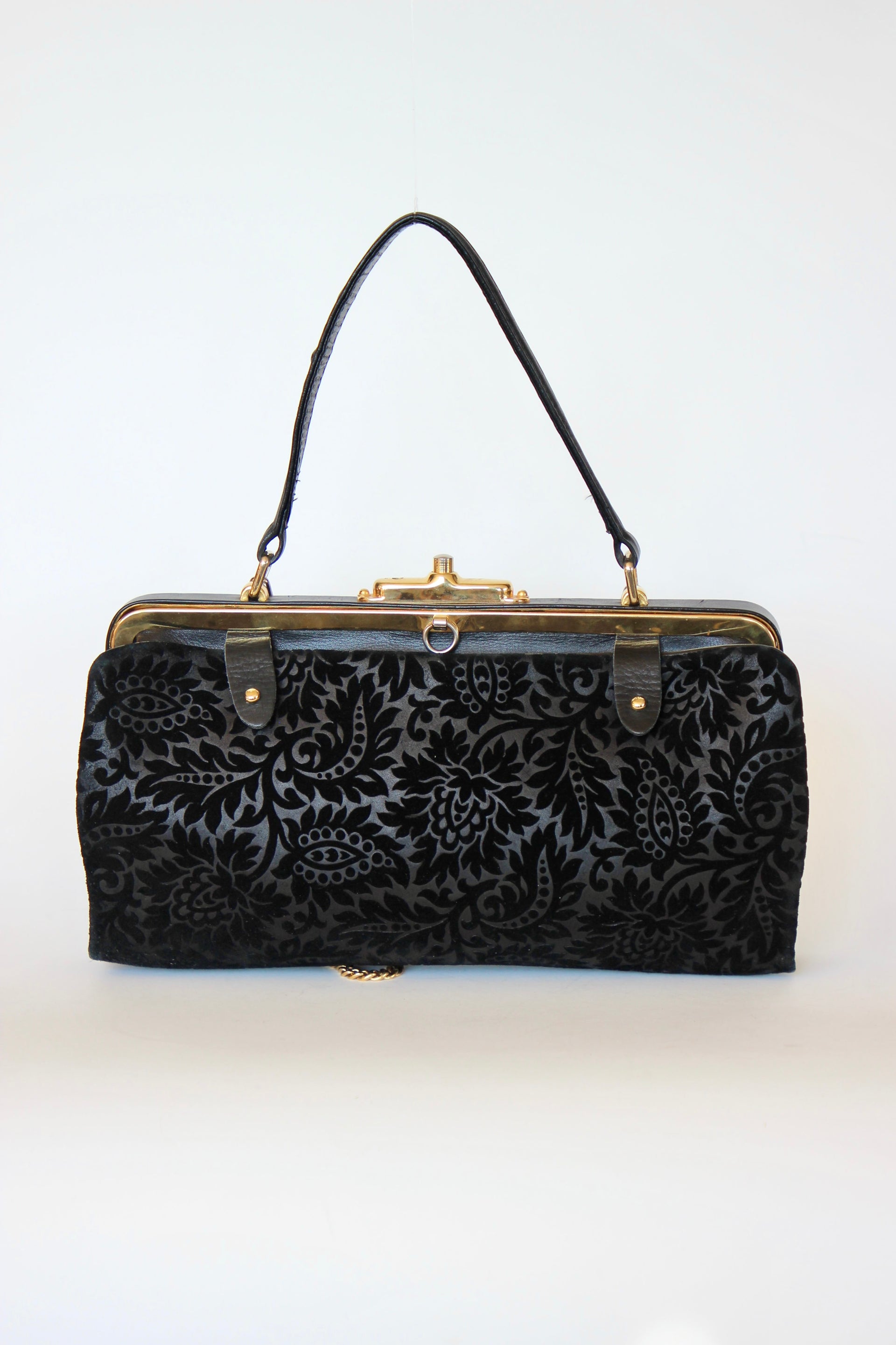 1960s Black Floral Suede/Leather Top Handle Bag/Shoulder Bag