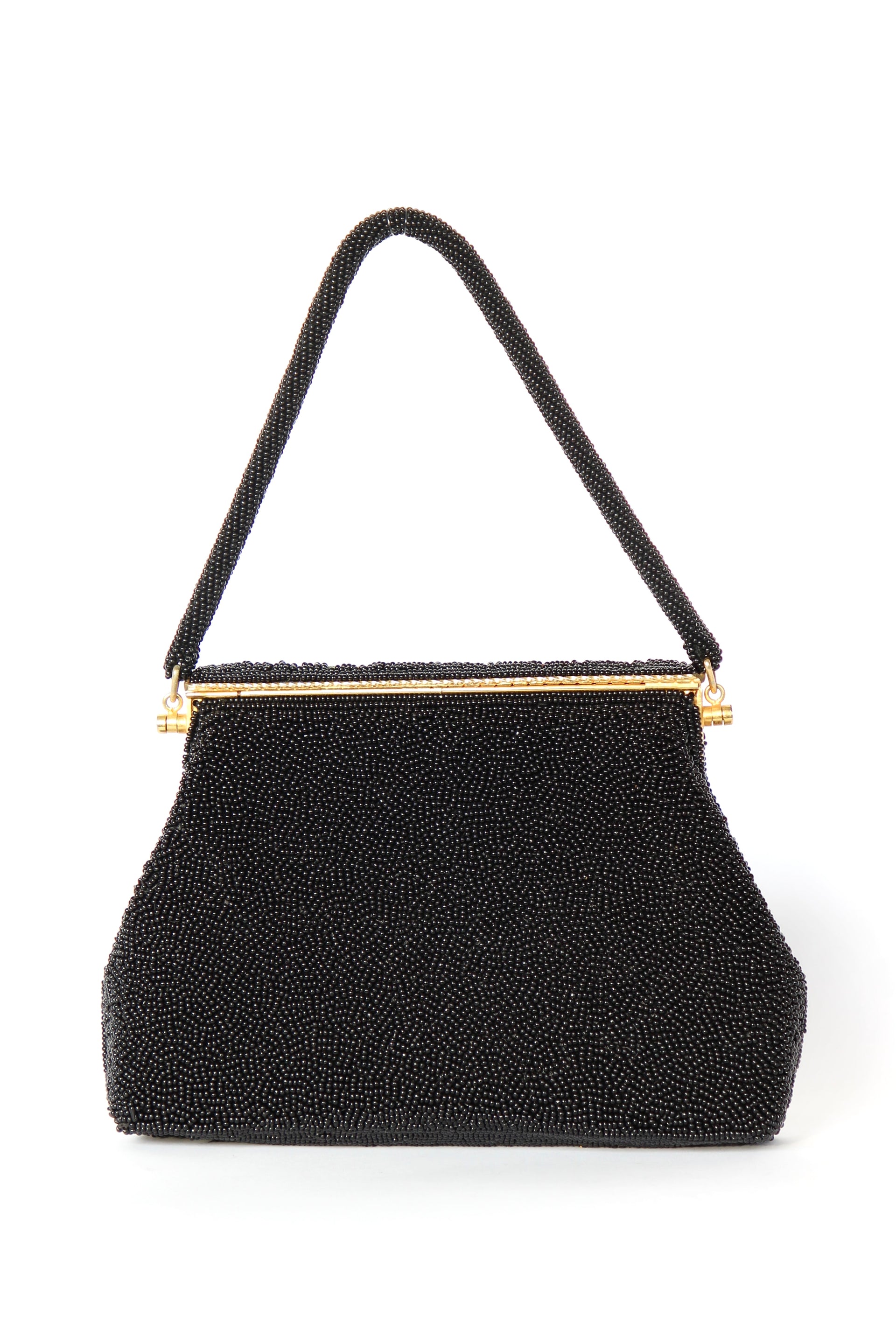 1940s 1950s Vintage Black Beaded & Floral Petit Point Evening Bag