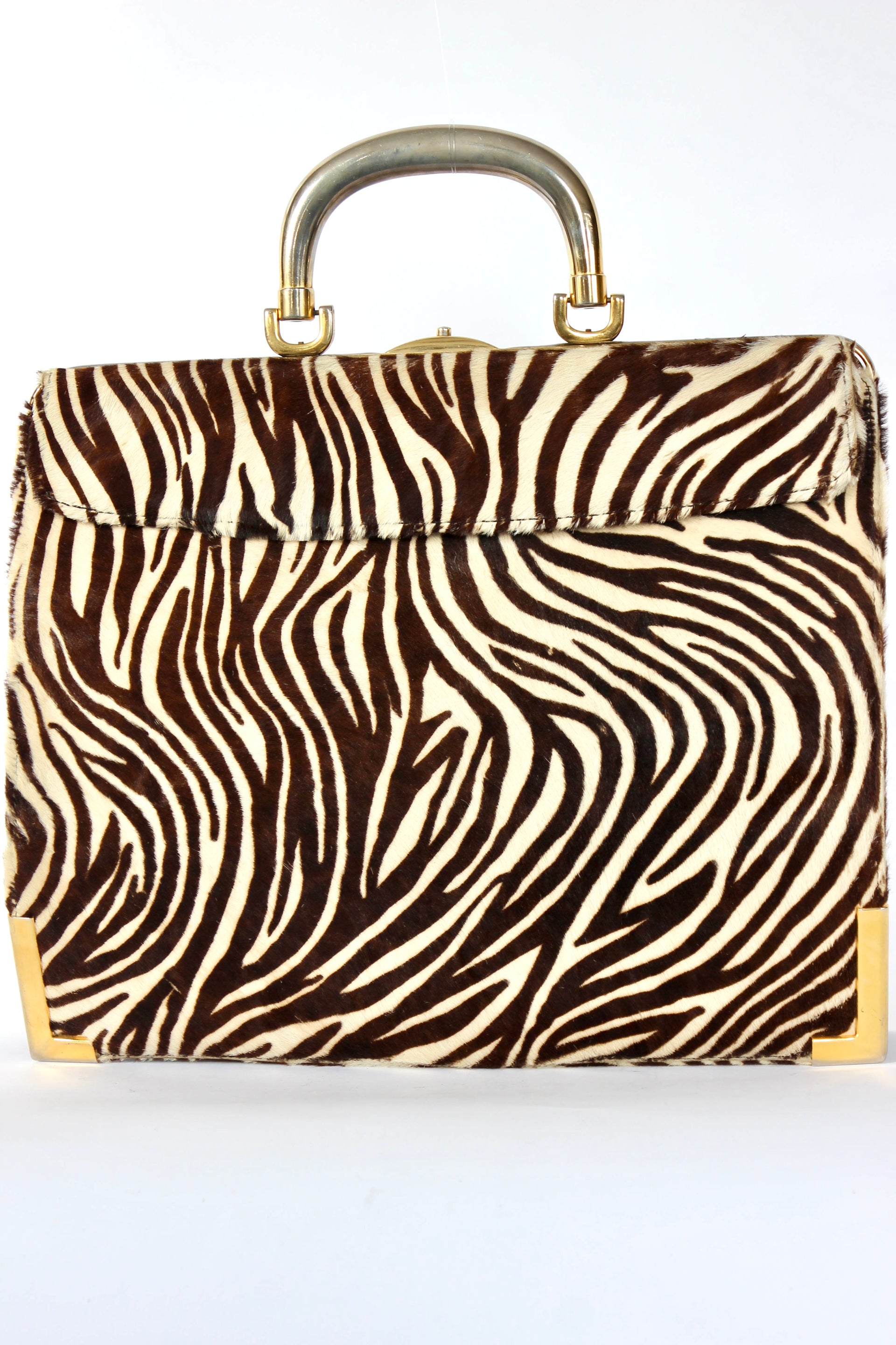 1960s Vintage Bon Goût Black Leather Top Handle Bag with Zebra Pattern Fur