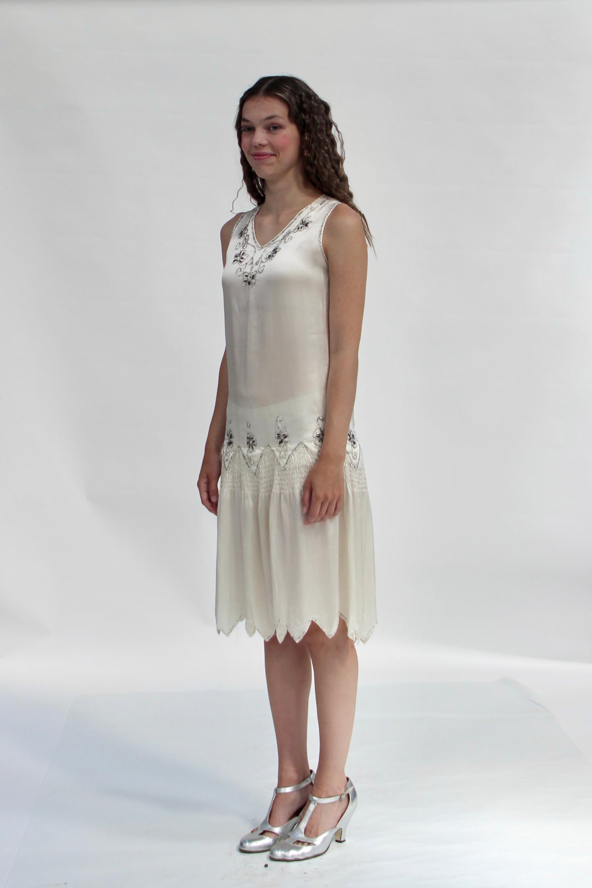 1920s White Silk Dress with Glass Beads and Rhinestones