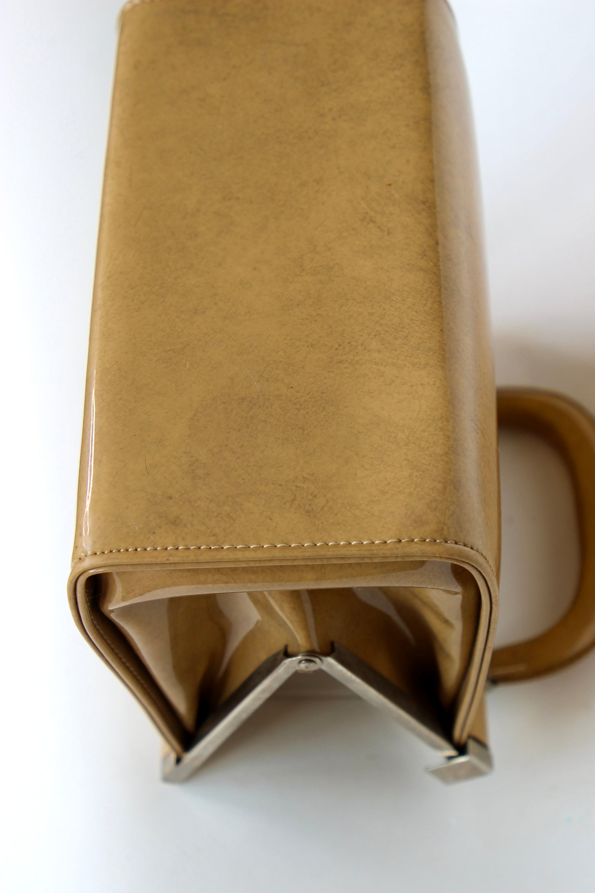 1960s Vintage Beige/Camel Vinyl Top Handle Bag/Purse with Silver Closure.