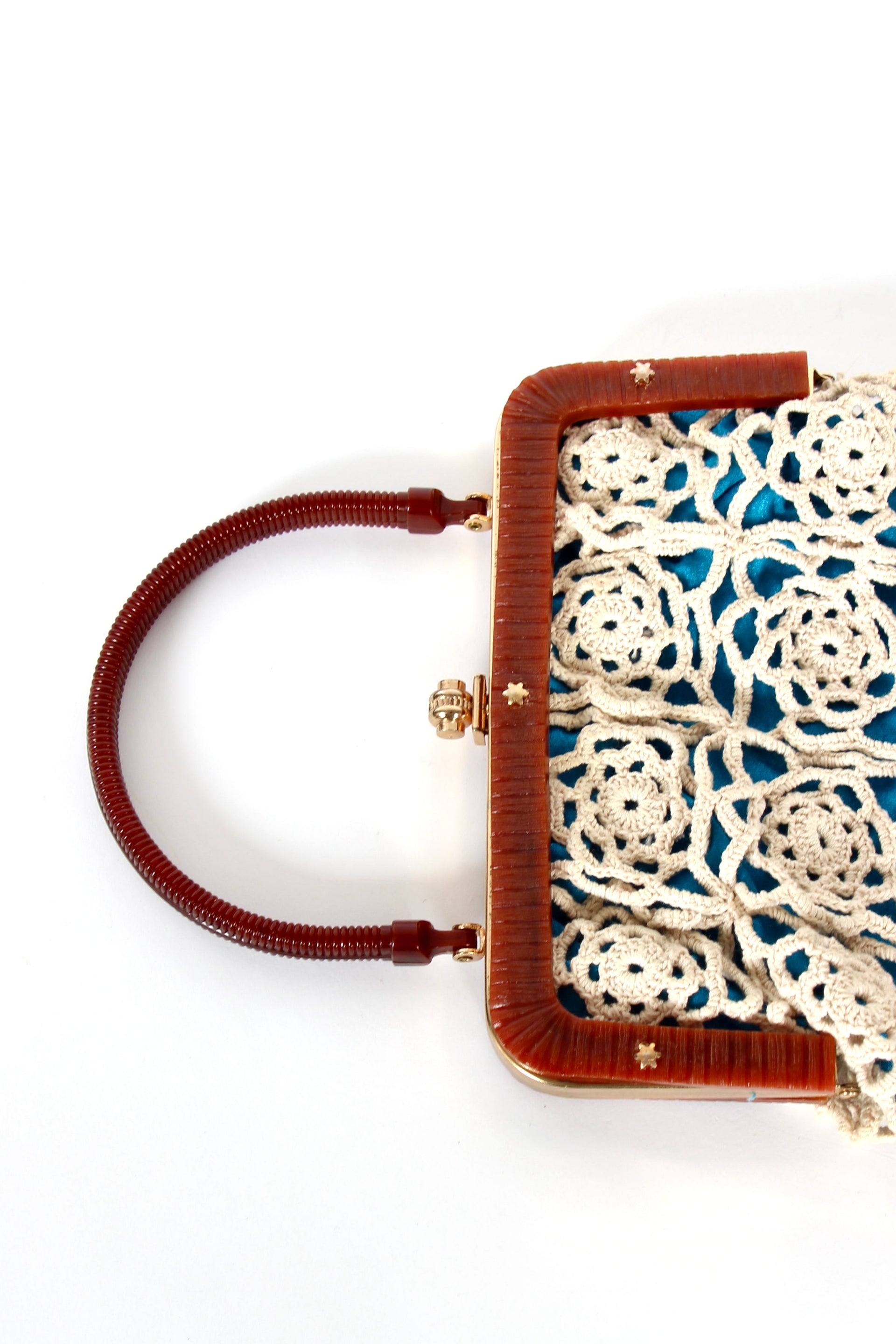 1960s Vintage Handmade Crochet Bag with Plastic Handle and Frame