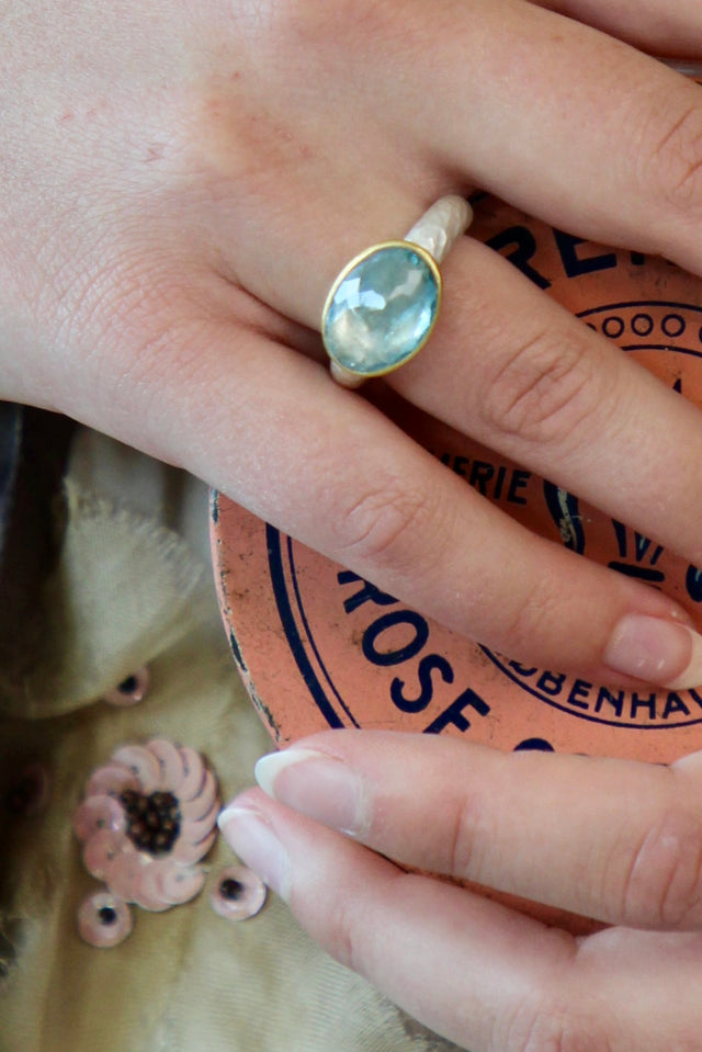 Handmade Aquamarine Ring // Poppy Dandiya // Hammered Sterling Silver // 24K Filled Gold // Size 53