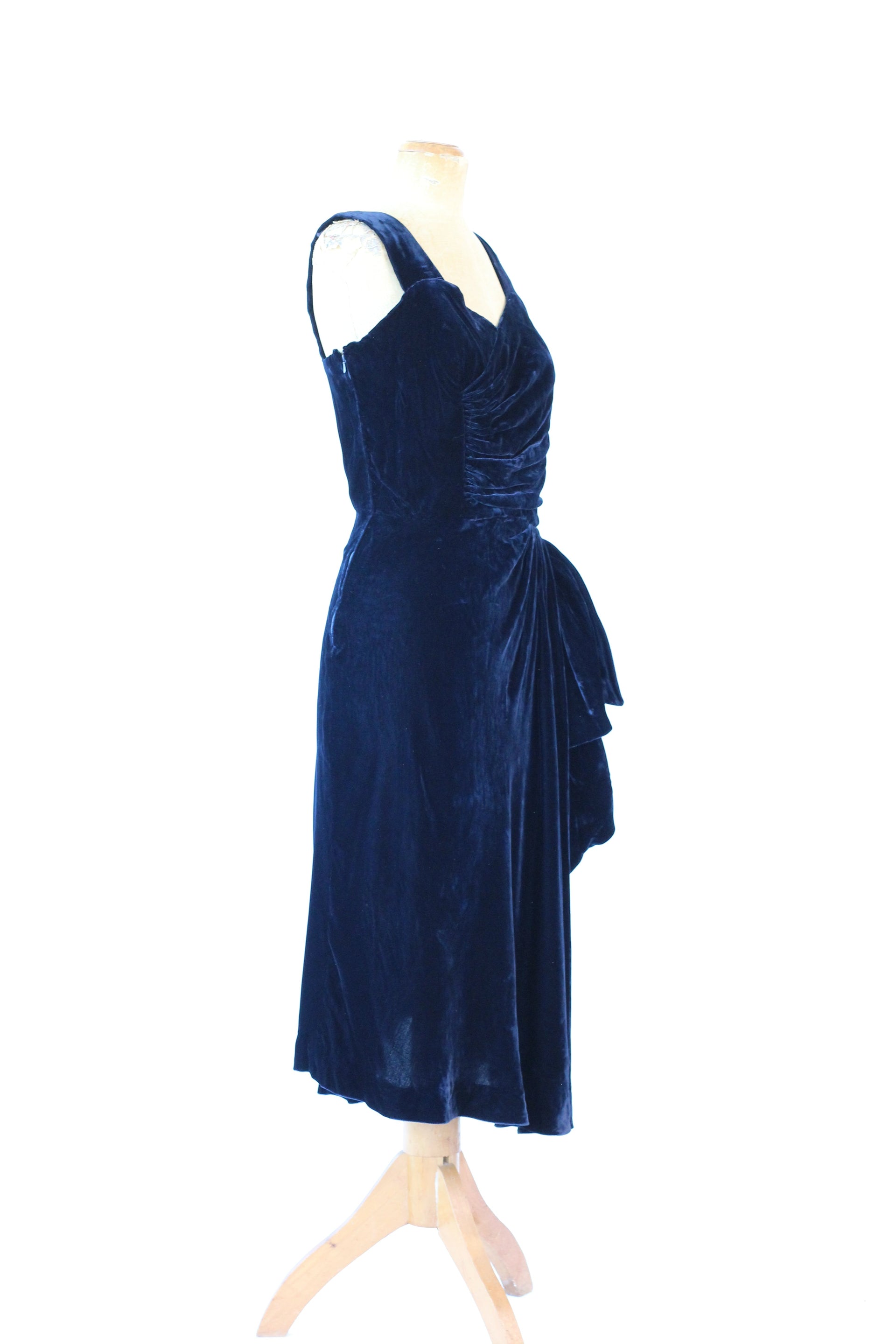 1950s Dark Blue Velvet Silk Dress//Size M