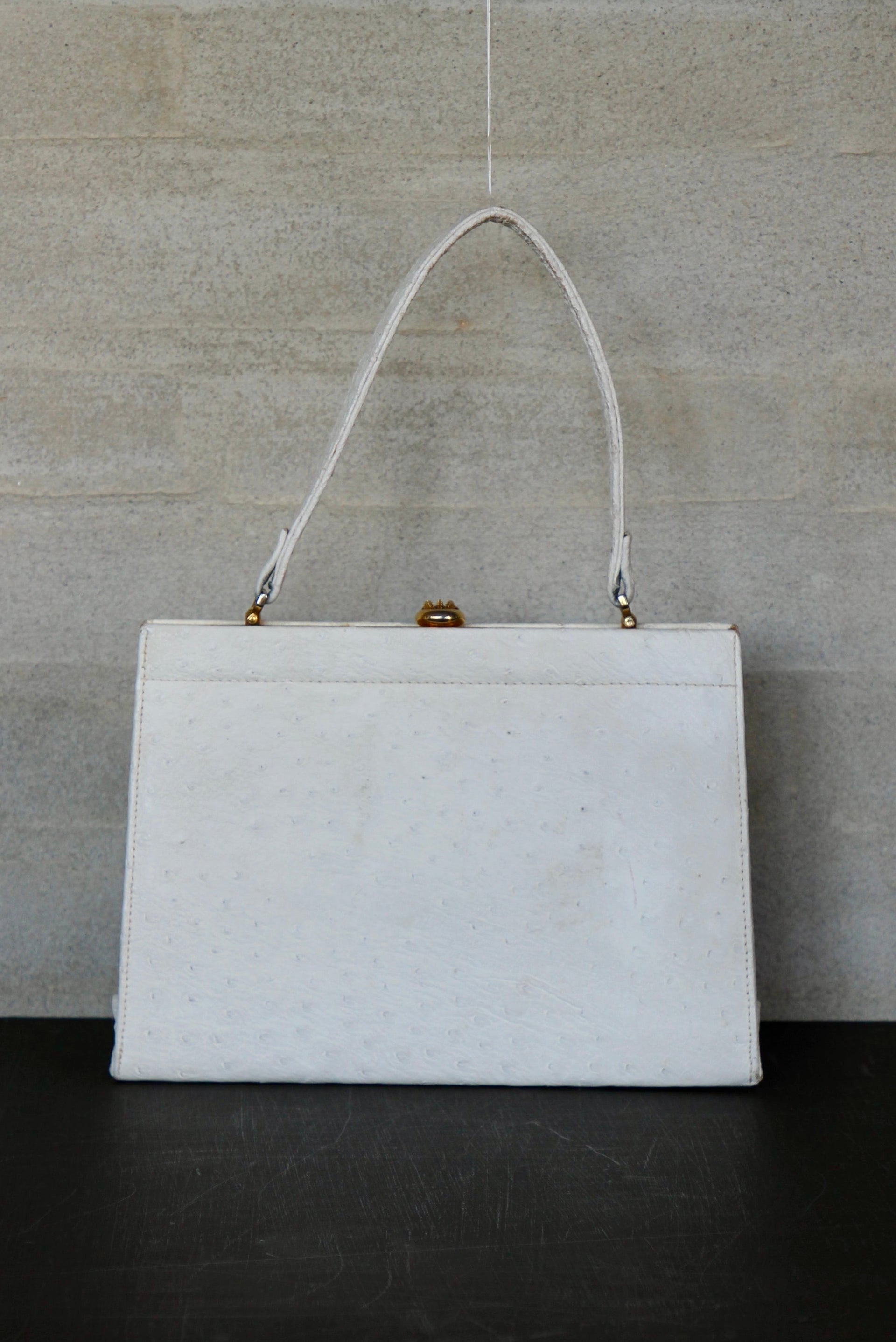 1960s Vintage White Ostrich Leather Top Handle Bag/Purse