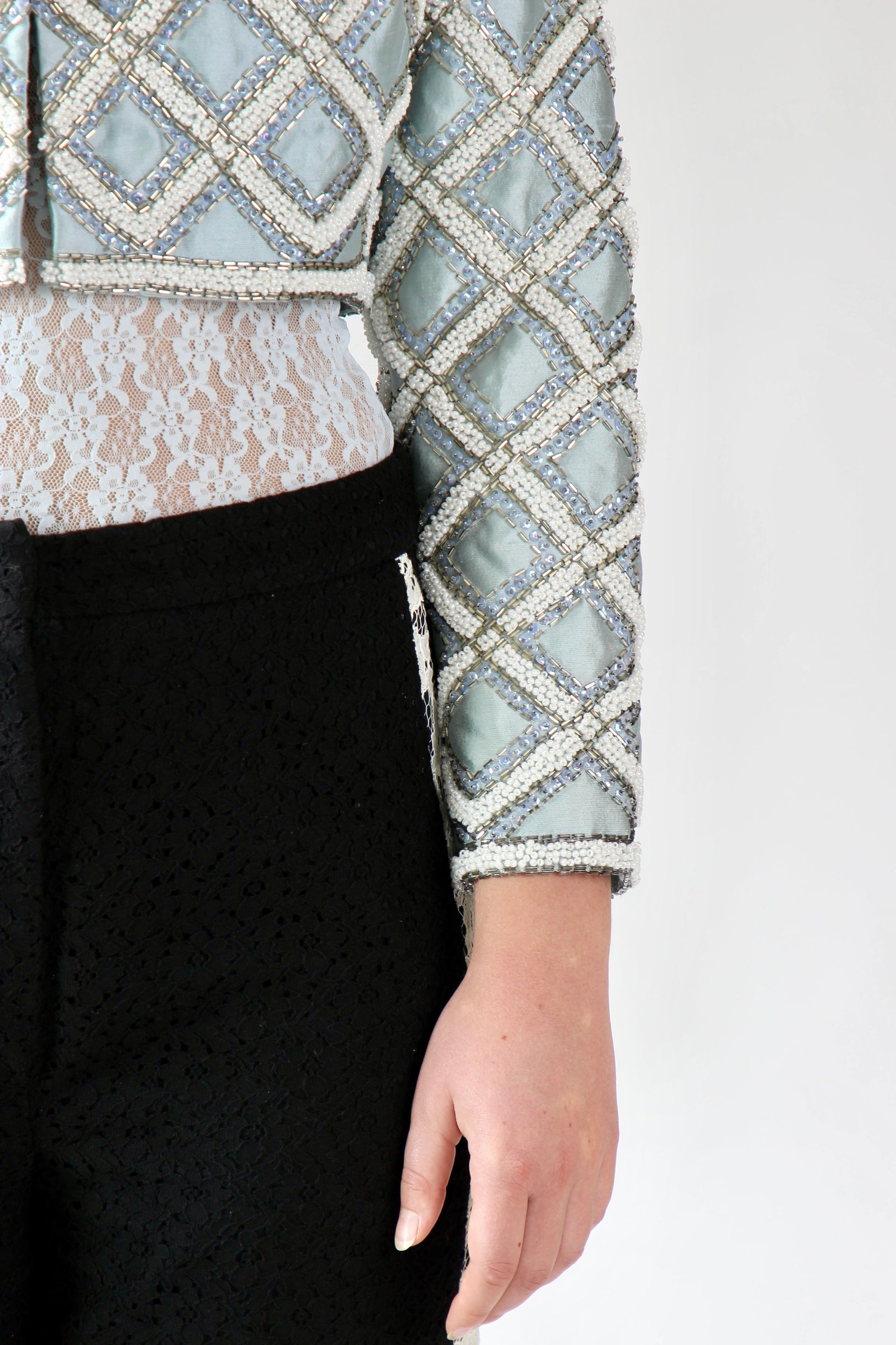 1950s 1960s Vintage Ice Blue Beaded Cropped Jacket/Bolero // Size S/M