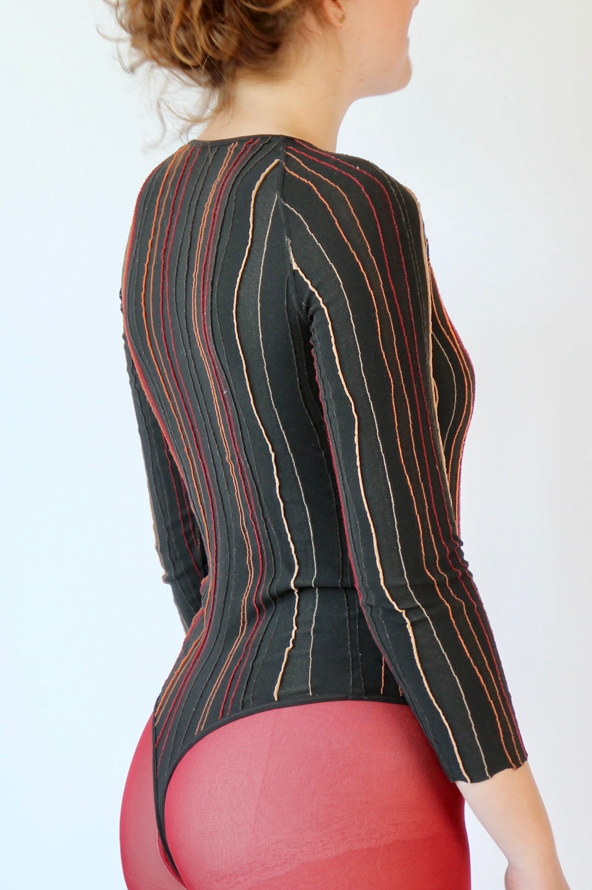 1990s Vintage Brown Striped Bodysuit // Size M