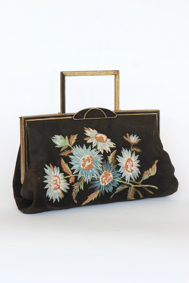 1930s Brown Suede Leather Top Handle Bag