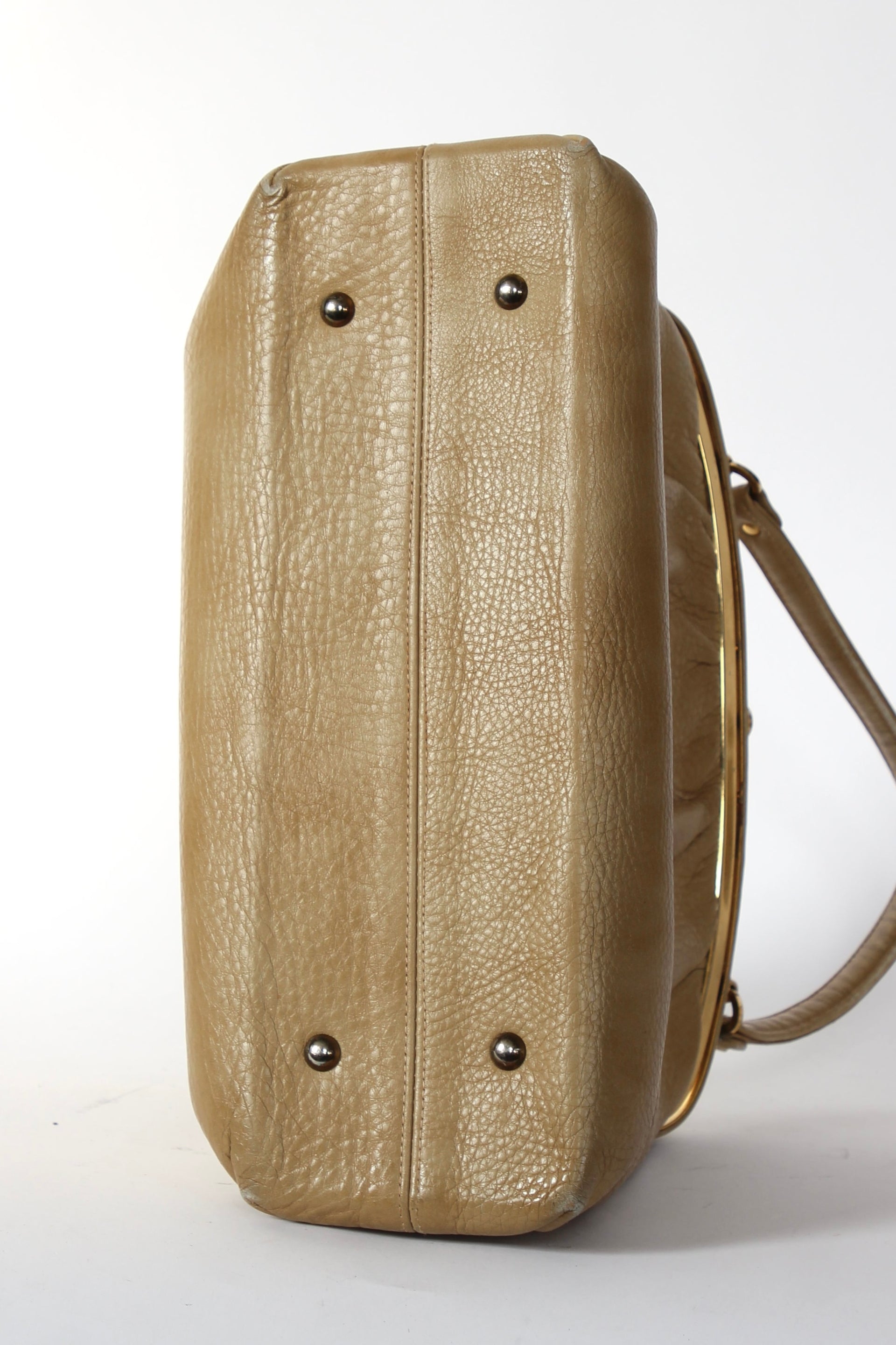 1960s Vintage Beige Leather Top Handle Bag with Green Leather Linen