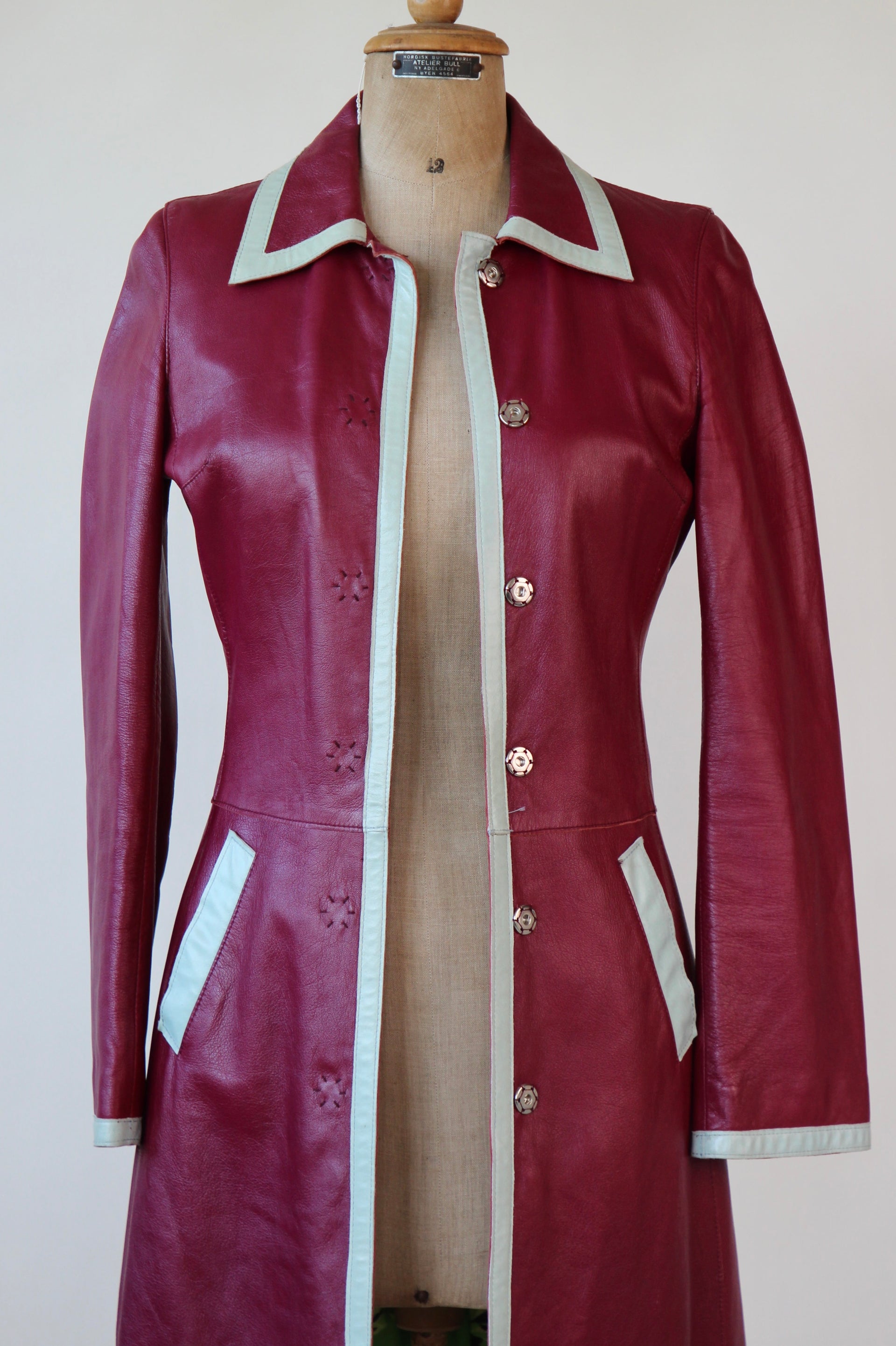 Y2K Italian Designer Burgundy Leather Trench Coat // Size XS/S