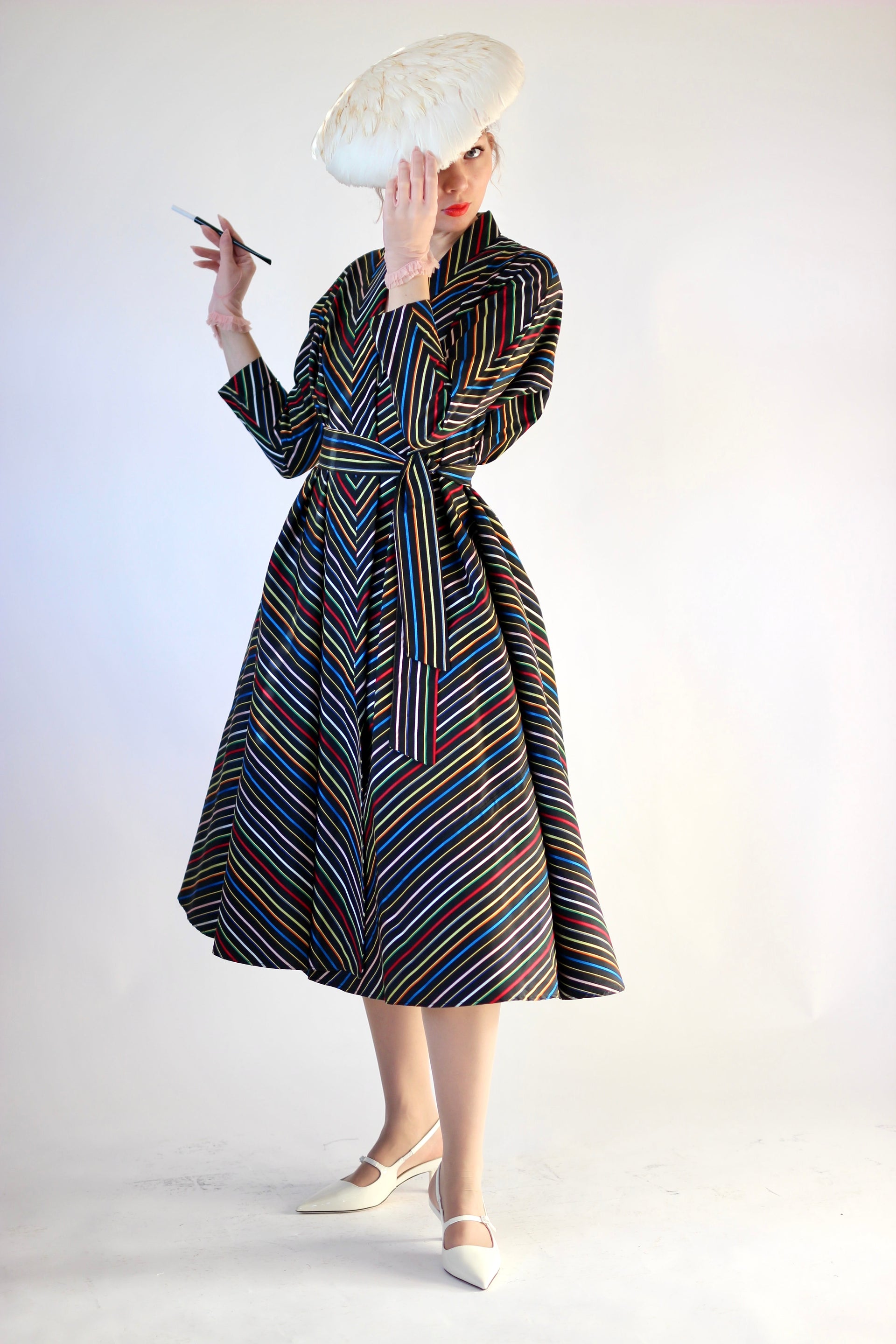 1940s Vintage Black Rainbow Striped Wrap Shirt Dress//Size S-L