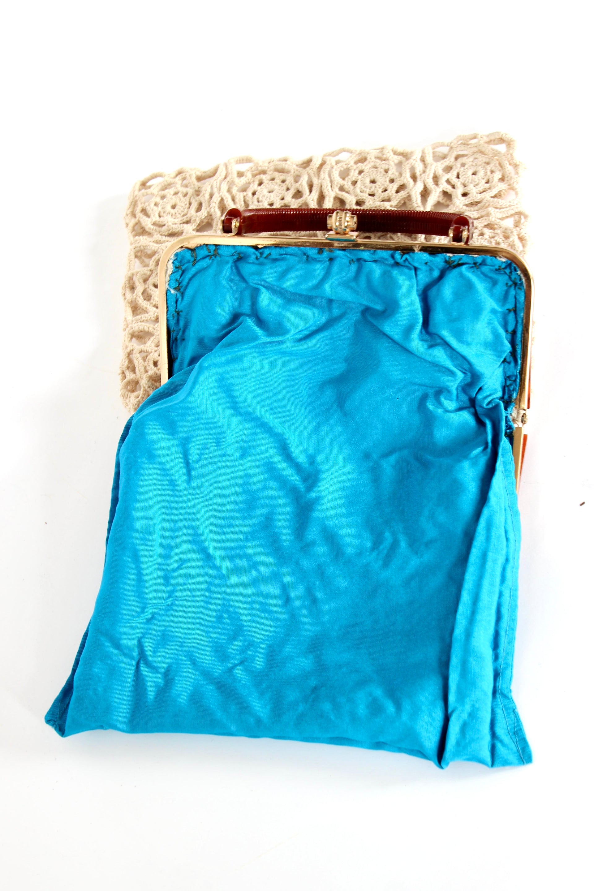 1960s Vintage Handmade Crochet Bag with Plastic Handle and Frame