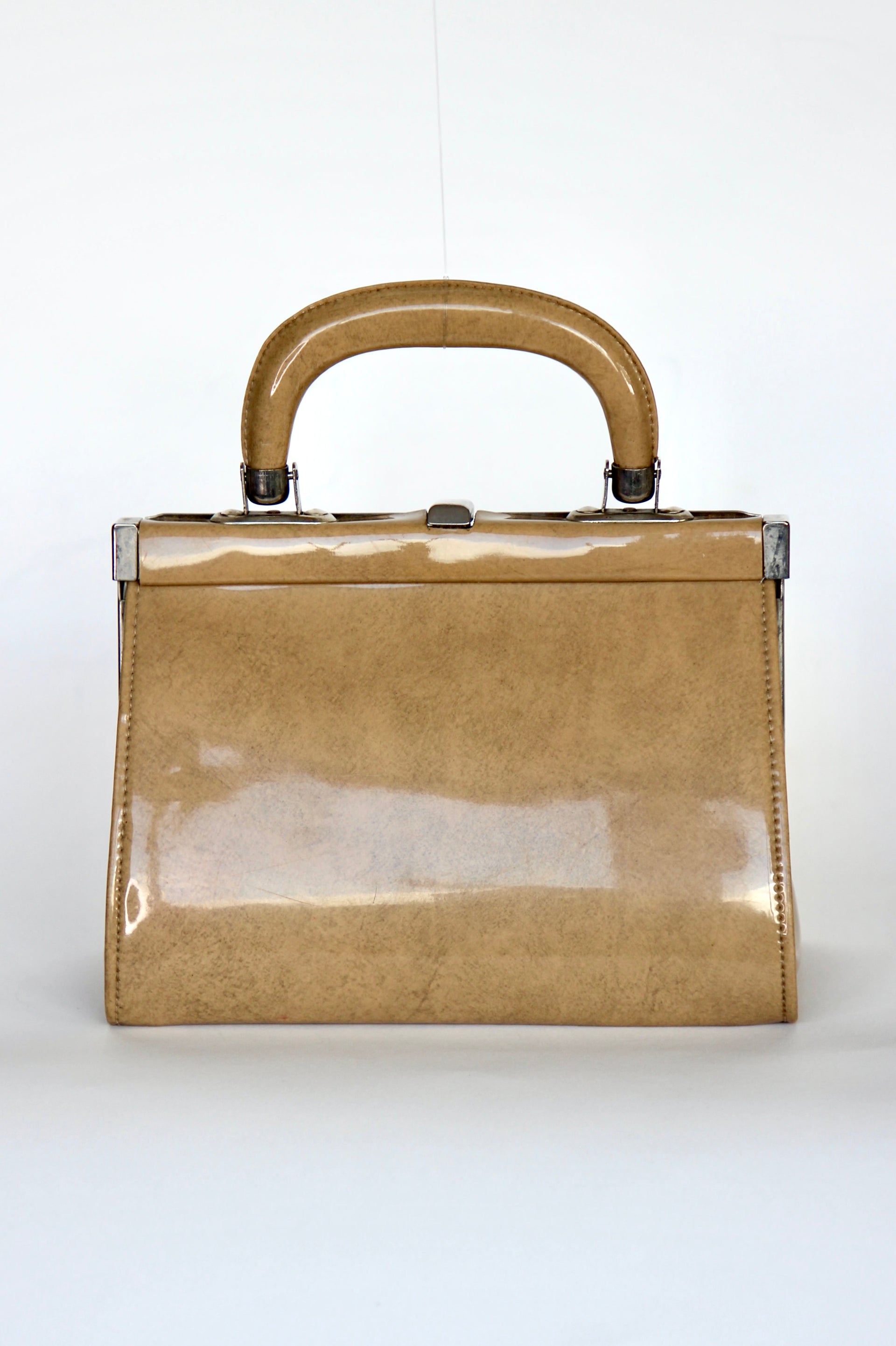 1960s Vintage Beige/Camel Vinyl Top Handle Bag/Purse with Silver Closure.
