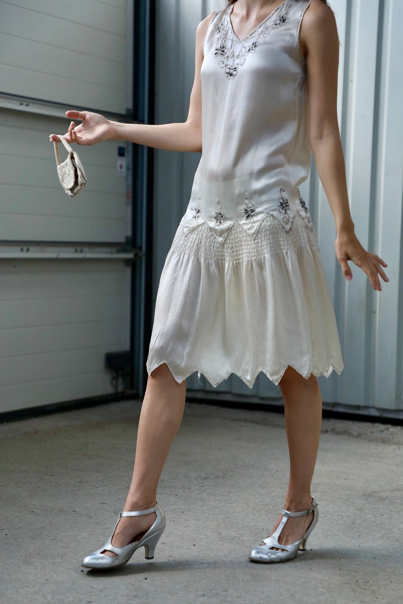 1920s White Silk Dress with Glass Beads and Rhinestones