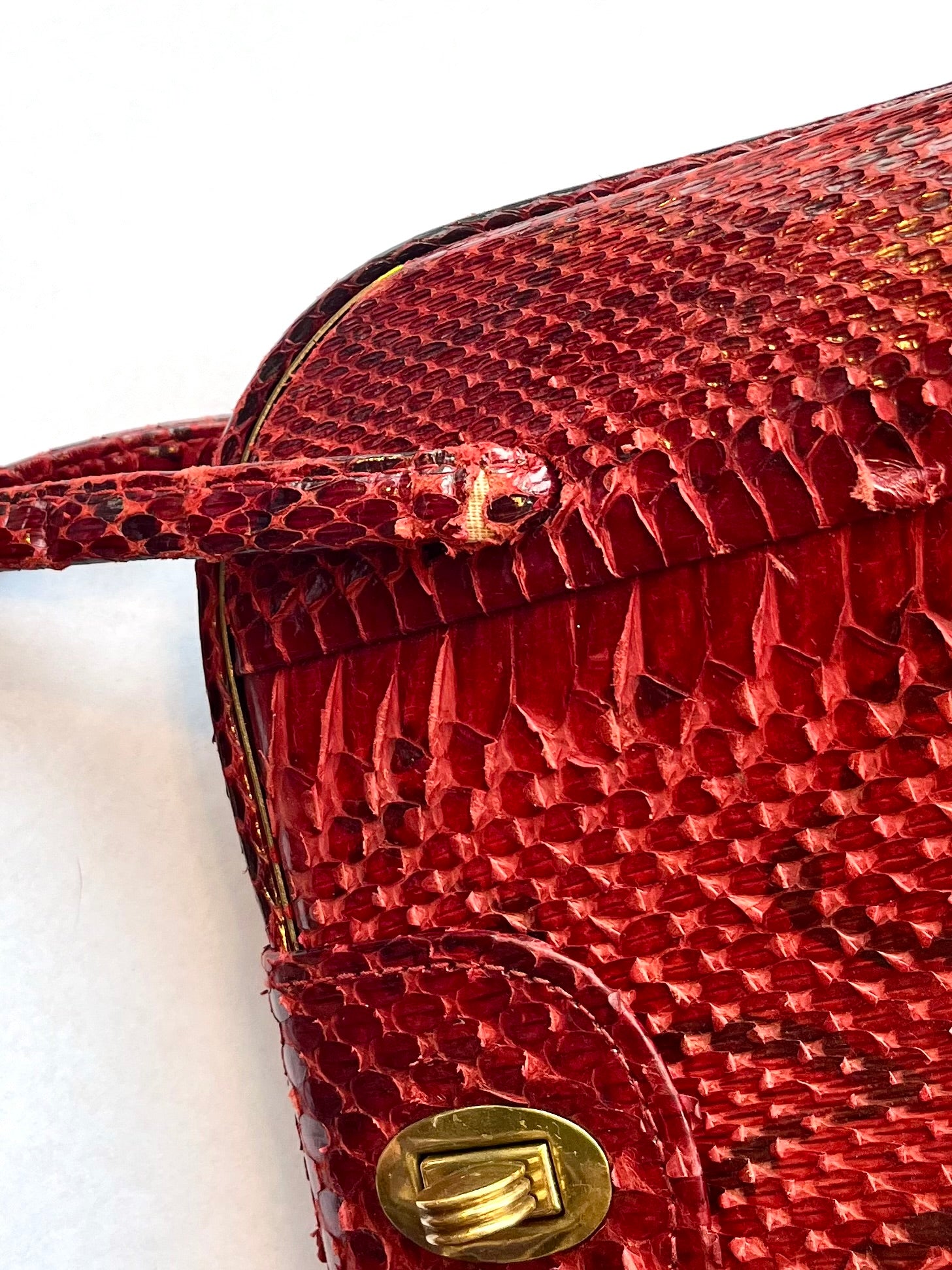 1940s Vintage Red Leather Top Handle Bag with Golden Closure