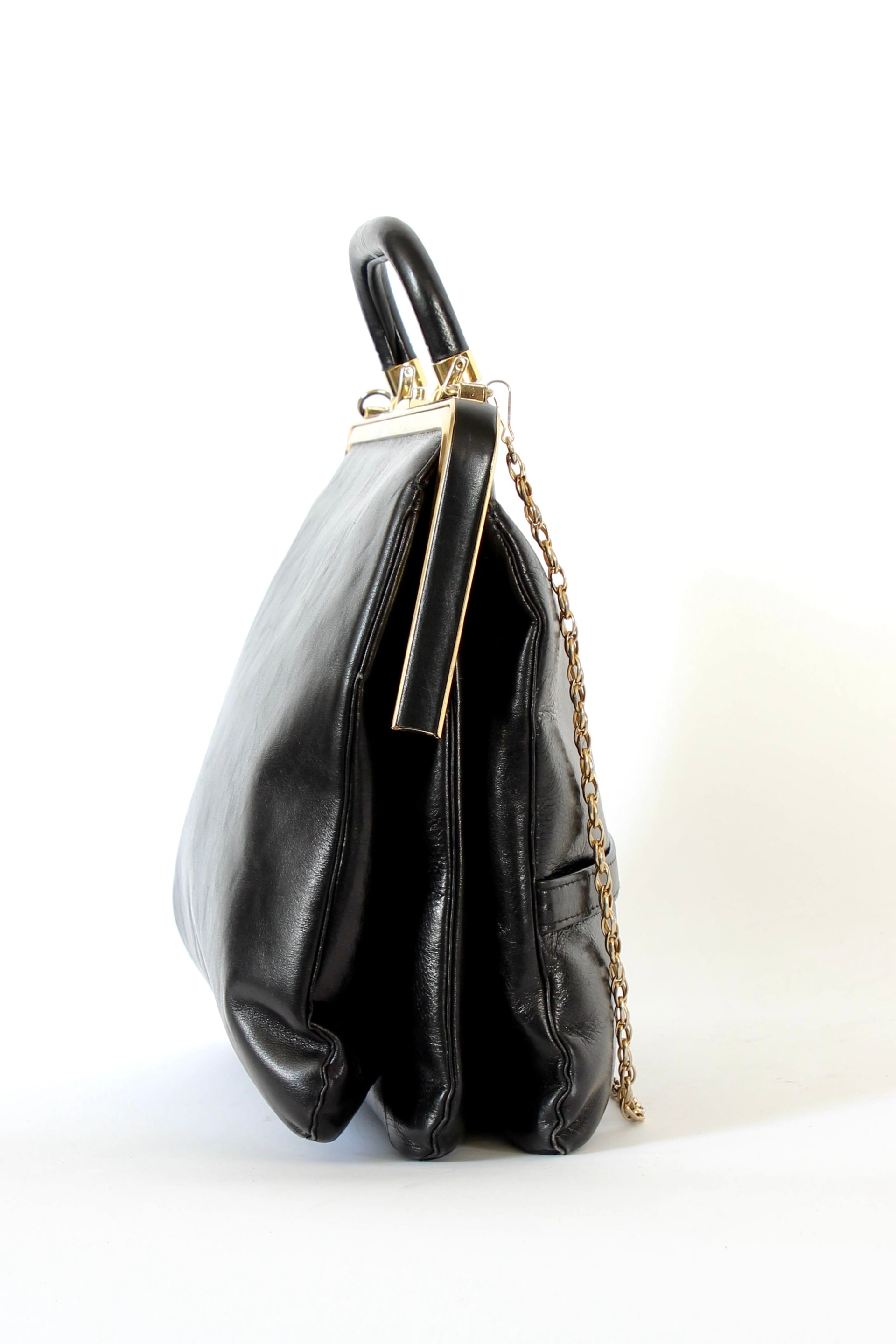 1960s Vintage Bon Goût Black Leather Top Handle Bag