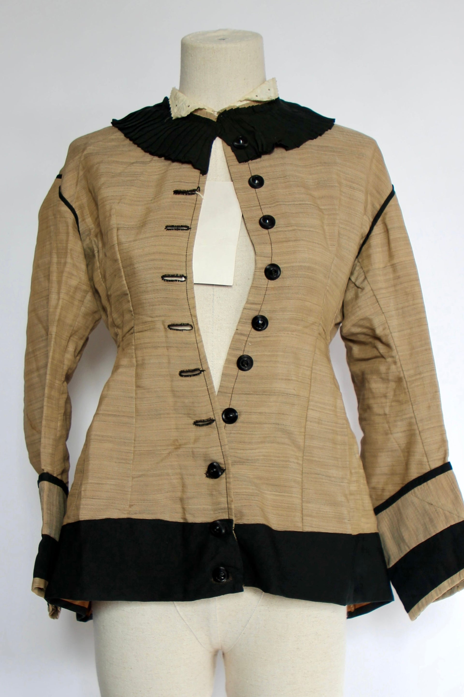 1879s Antique Victorian Beige Jacket with Black Collar and Cuffs Owned by Karin Strandberg, Sweden.