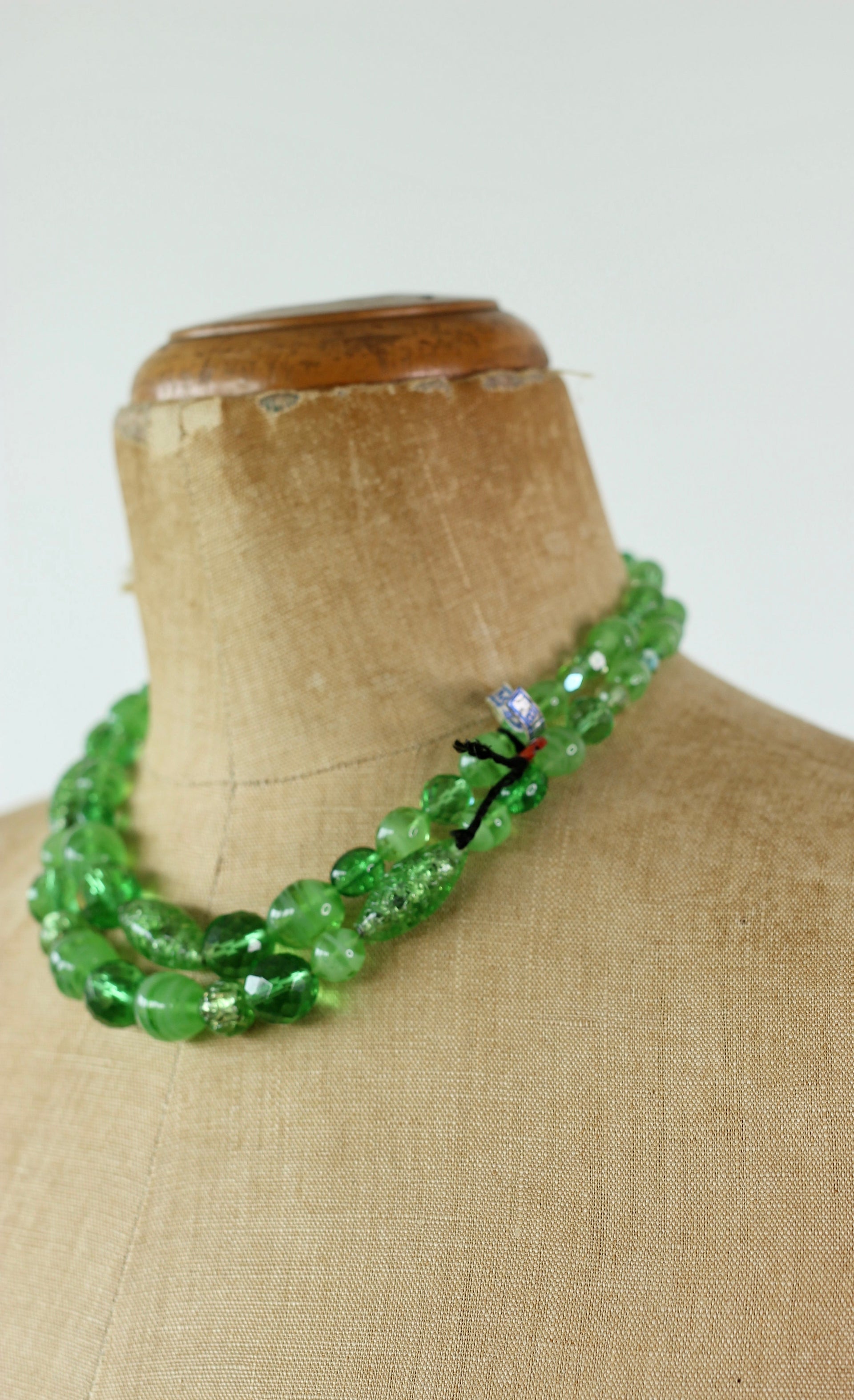 1950s Green Glass Beaded 2 Stand Necklace//New Old Stock
