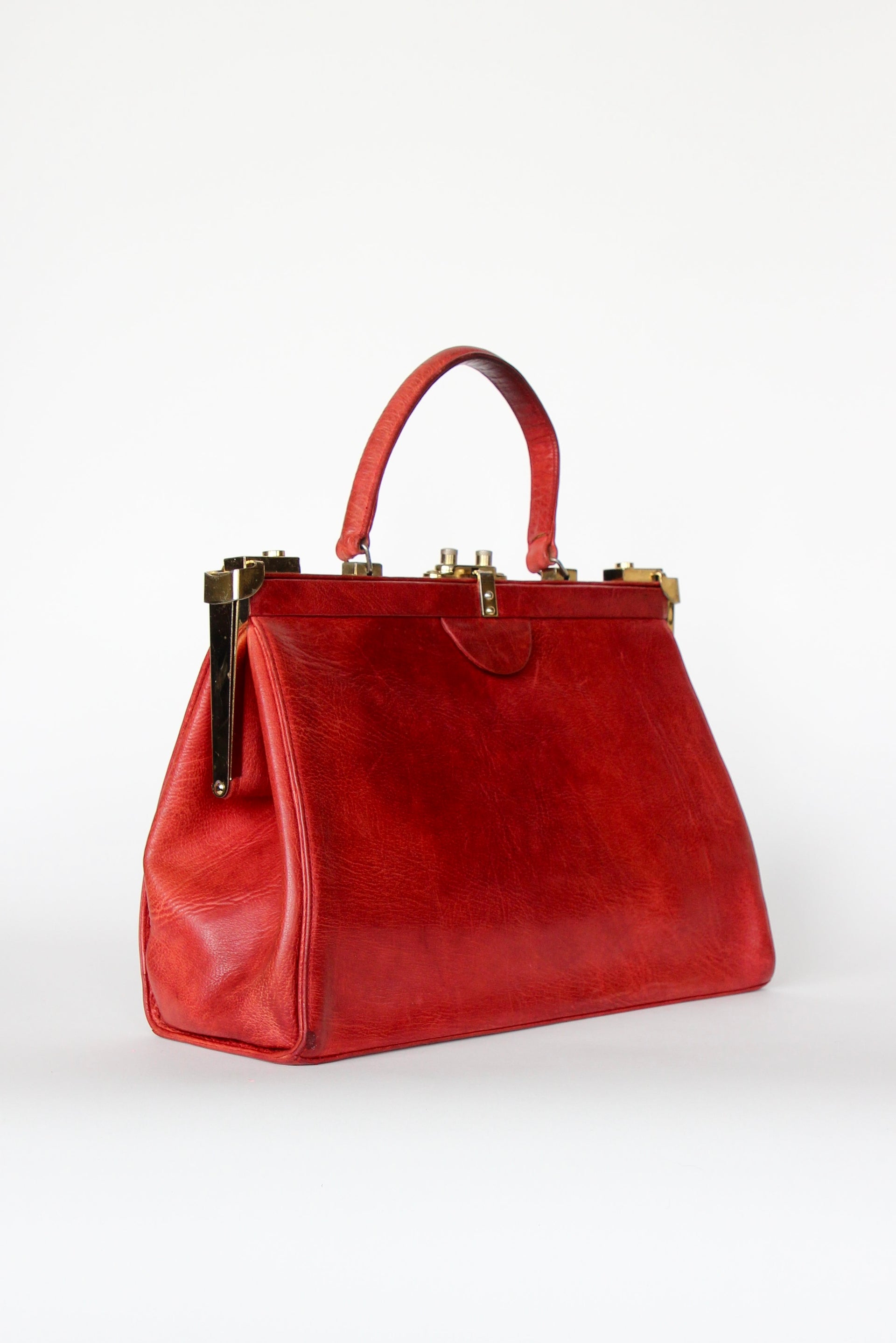 1960s Vintage Large Red Leather Top Handle Bag / Made in France