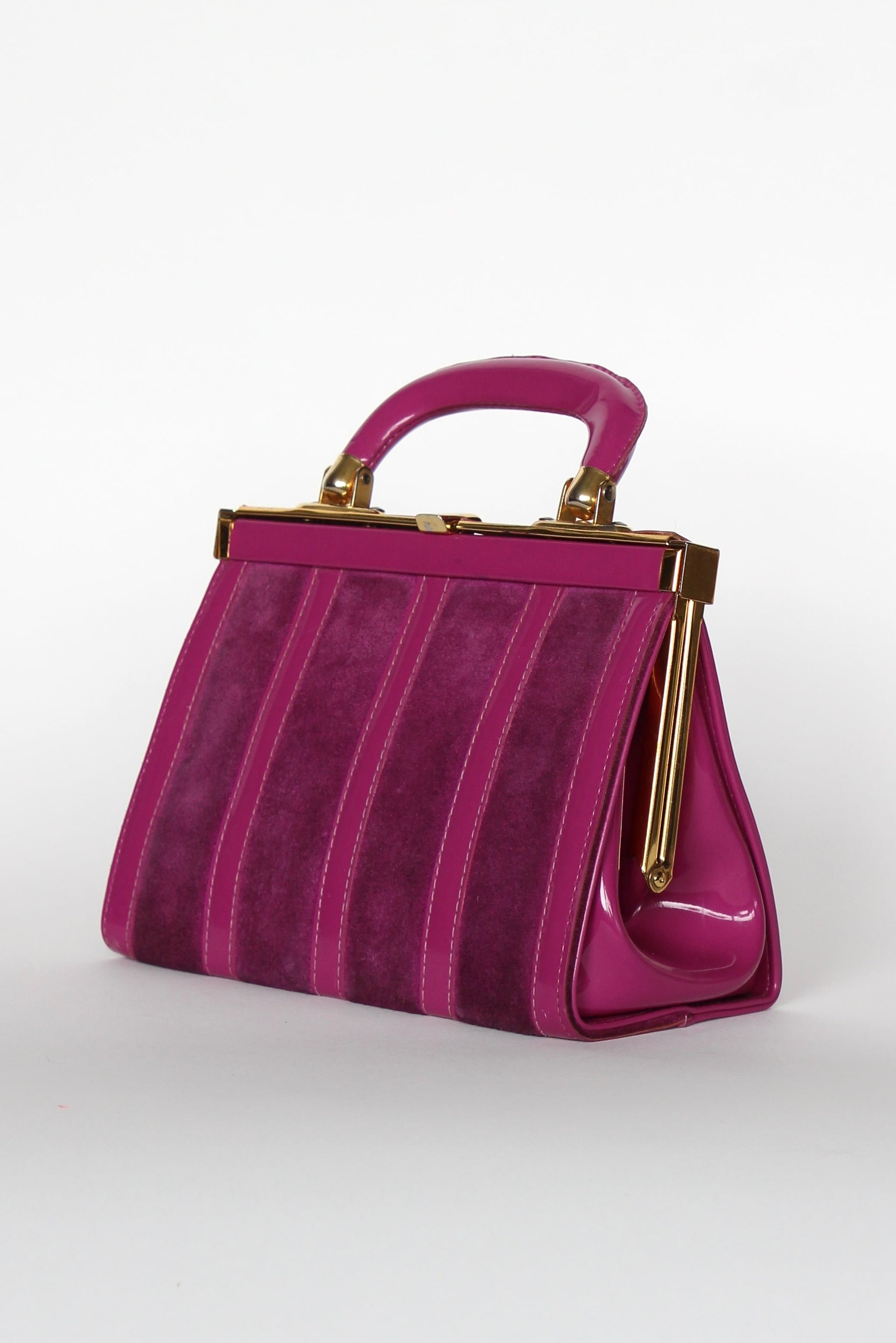 1960s Vintage Purple Sued and Vinyl Top Handle Bag/Purse with Golden Closure.