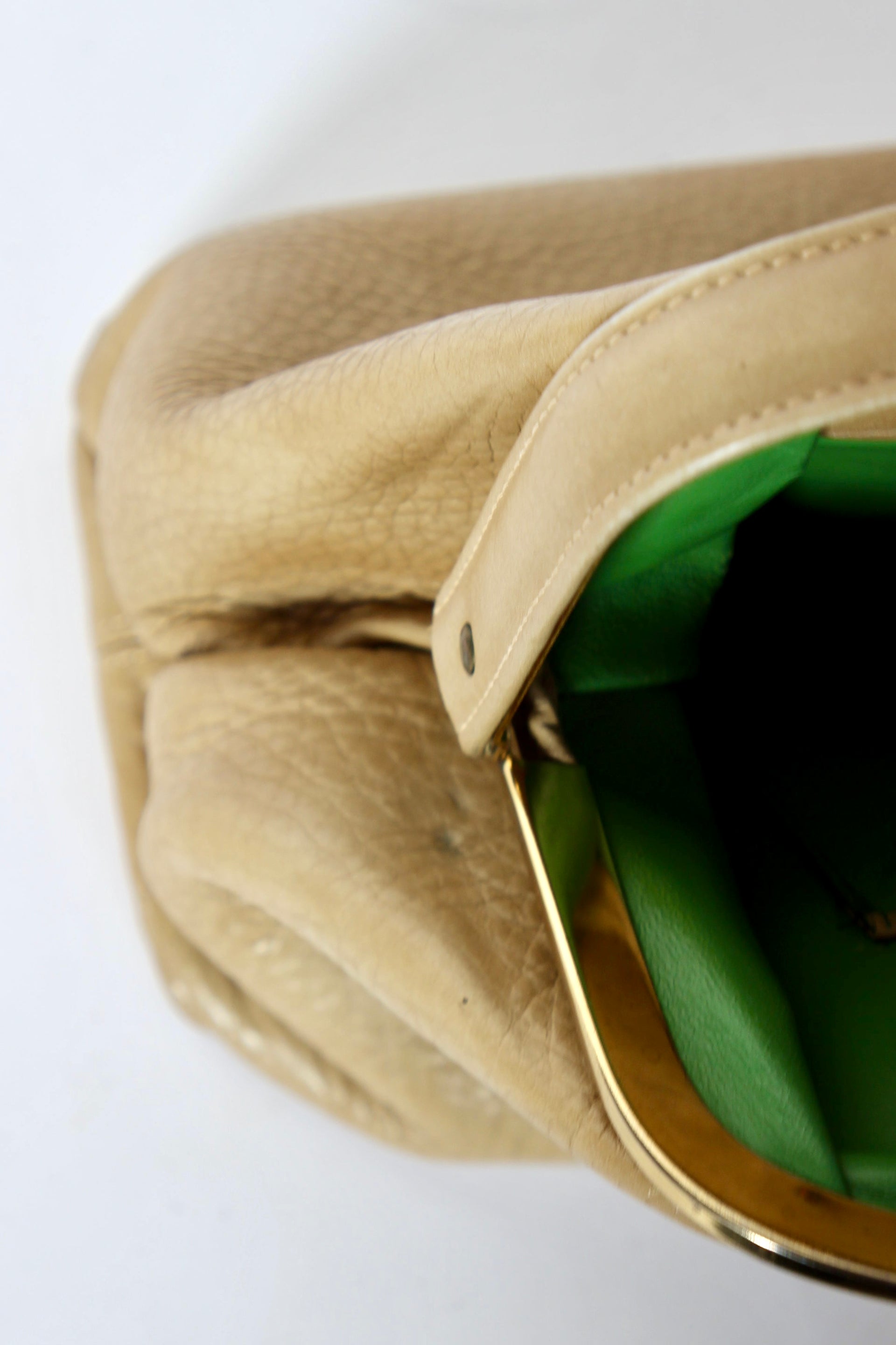 1960s Vintage Beige Leather Top Handle Bag with Green Leather Linen