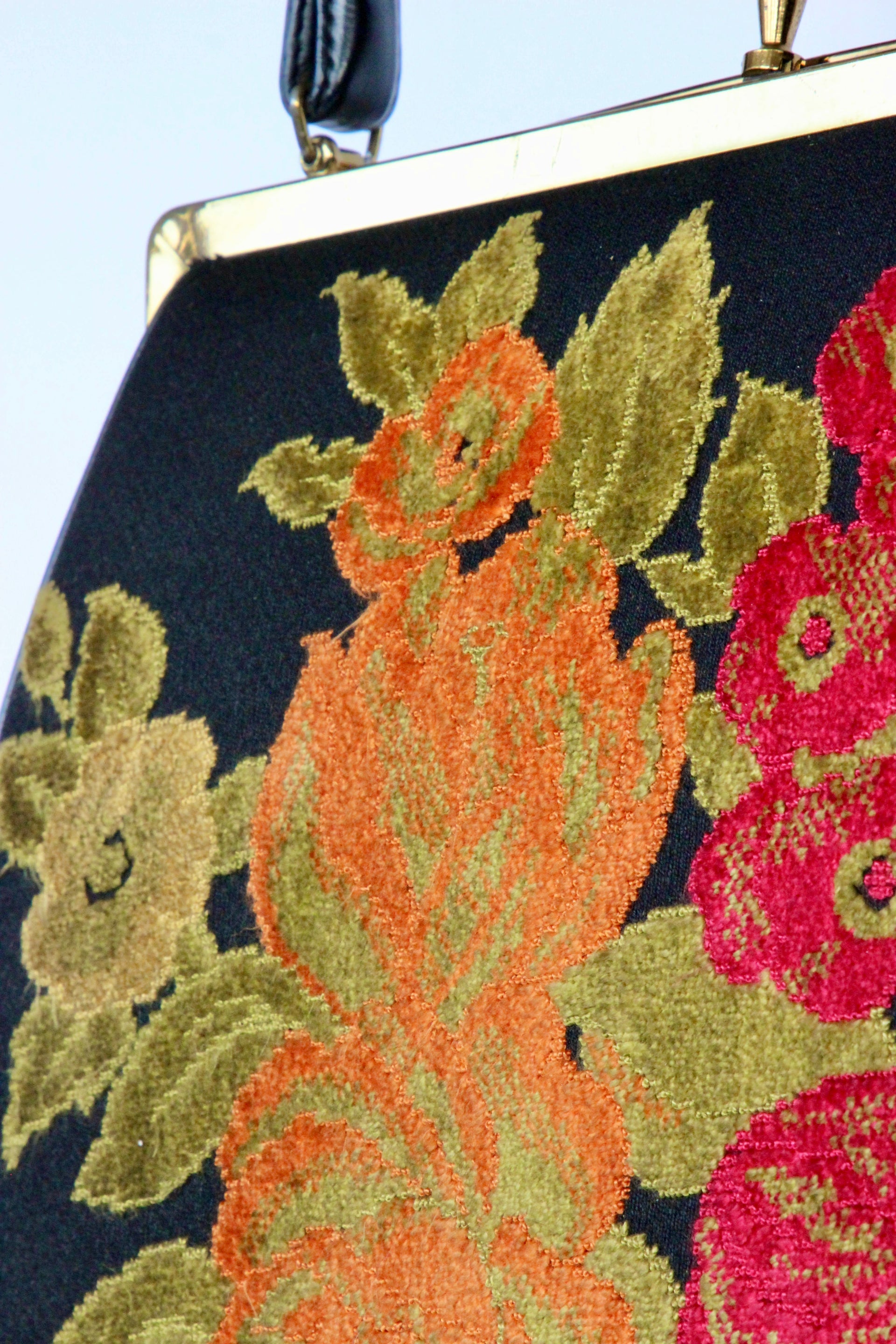 1940s 1950s Vintage Large Black Embroidered Top Handle Bag