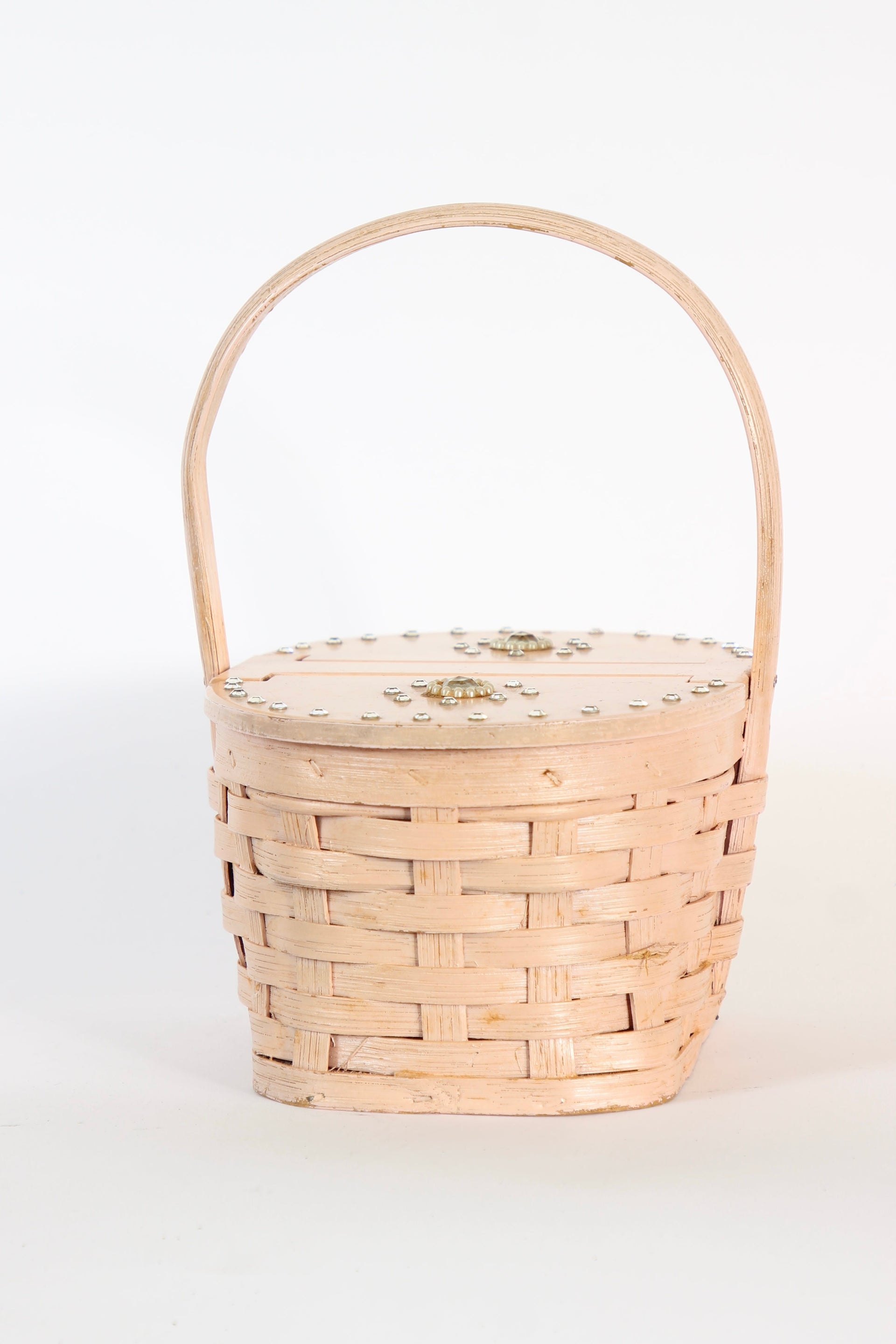 1950s Vintage Rose Woven Wood Basket Bag Purse