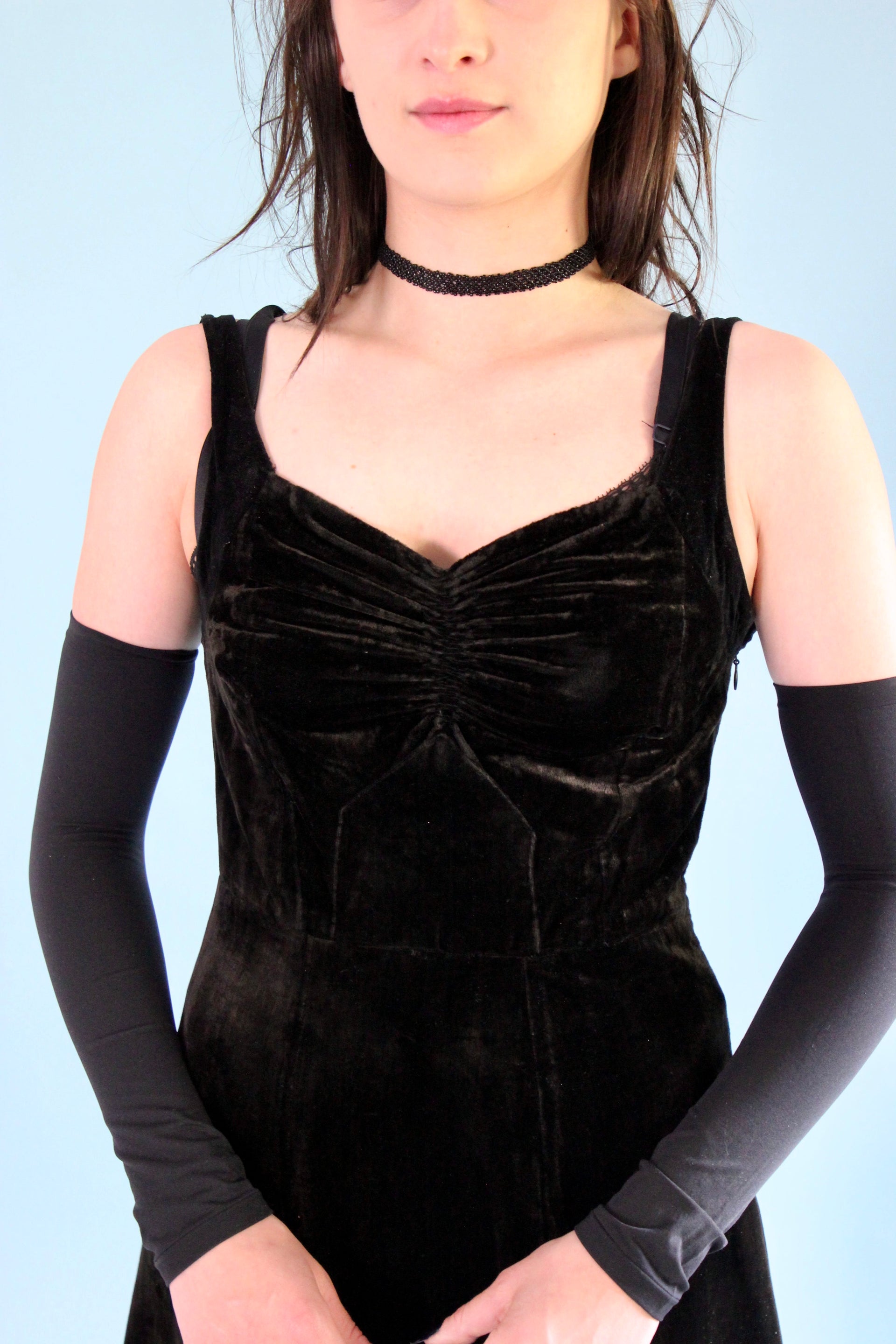 1930s Vintage Dark Brown and Black Velvet Evening Dress // Size XS/S