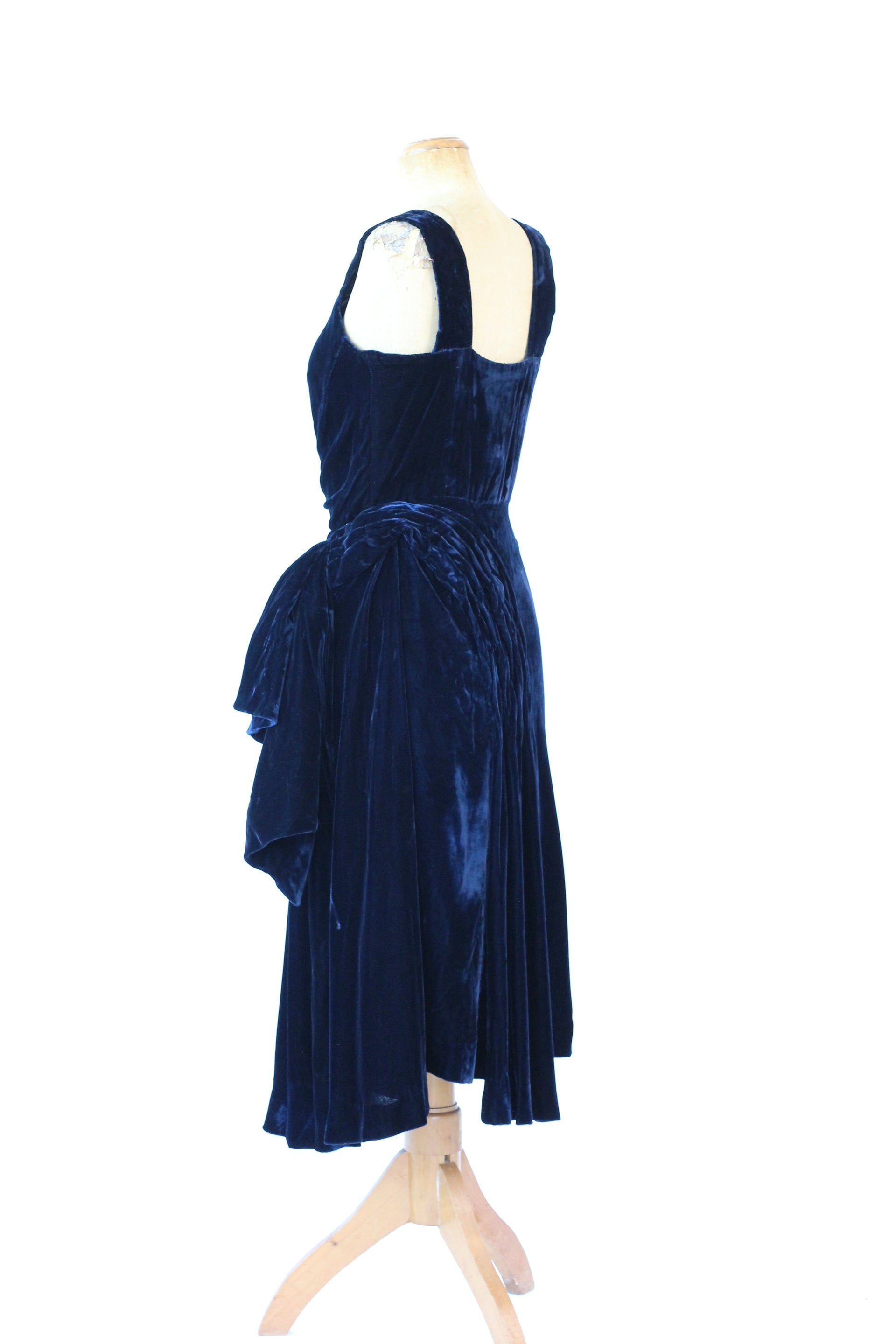 1950s Dark Blue Velvet Silk Dress//Size M