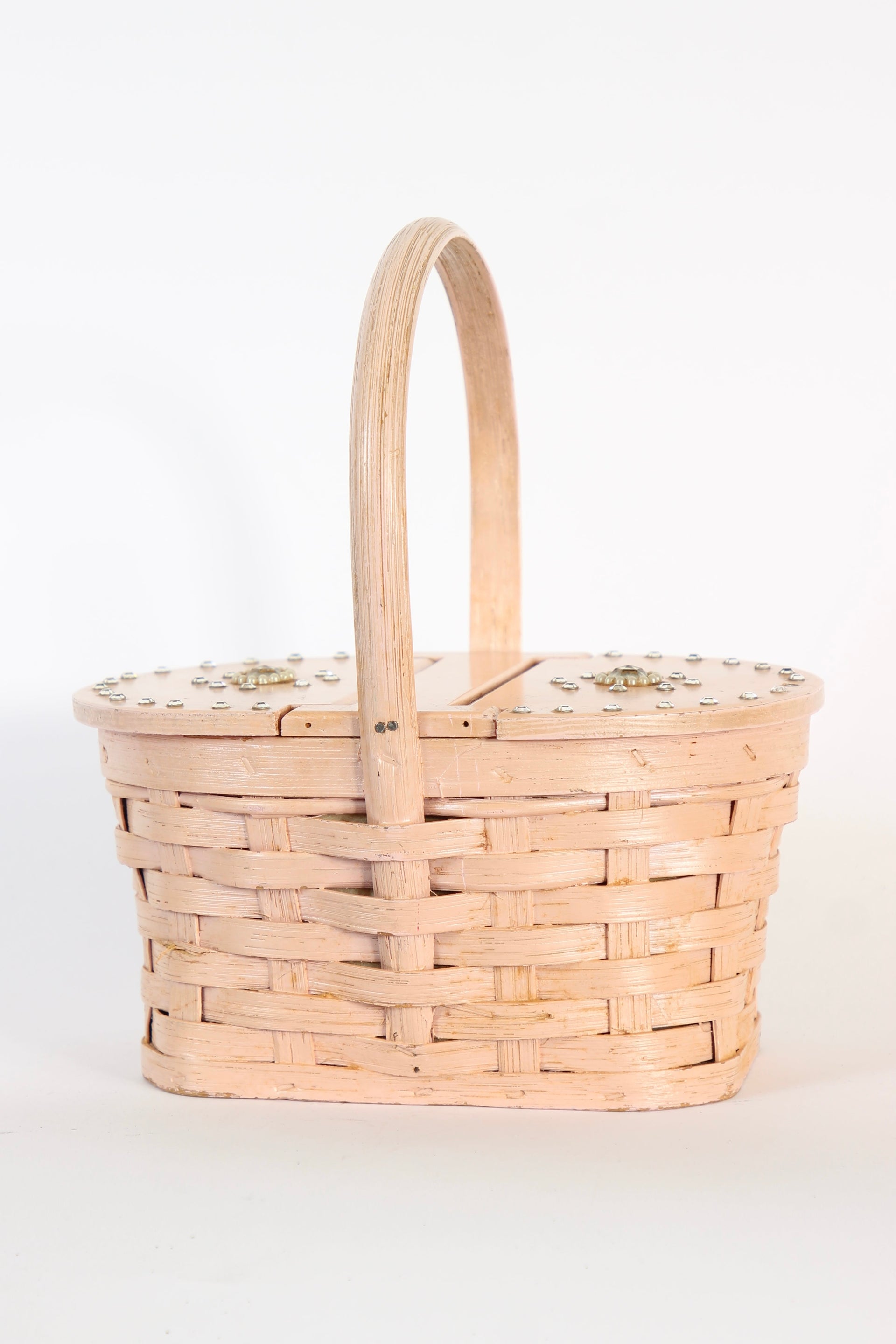 1950s Vintage Rose Woven Wood Basket Bag Purse