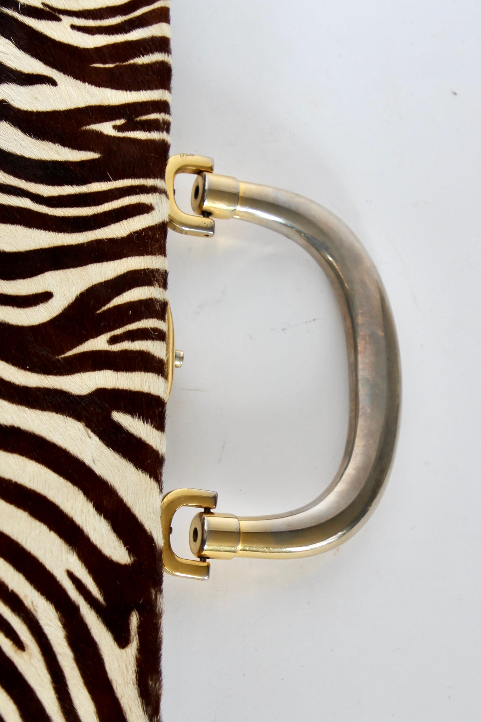 1960s Vintage Bon Goût Black Leather Top Handle Bag with Zebra Pattern Fur