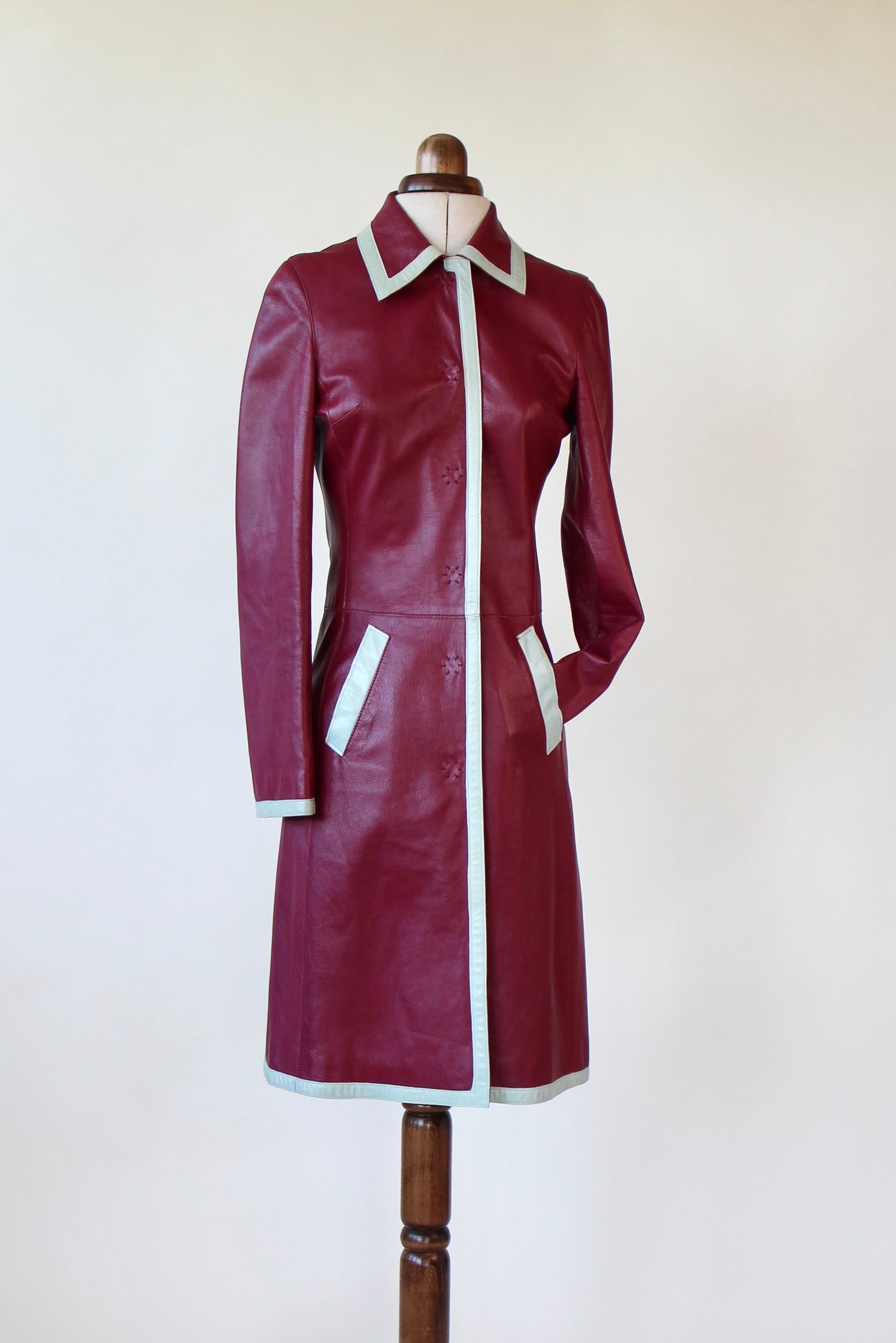 Y2K Italian Designer Burgundy Leather Trench Coat // Size XS/S